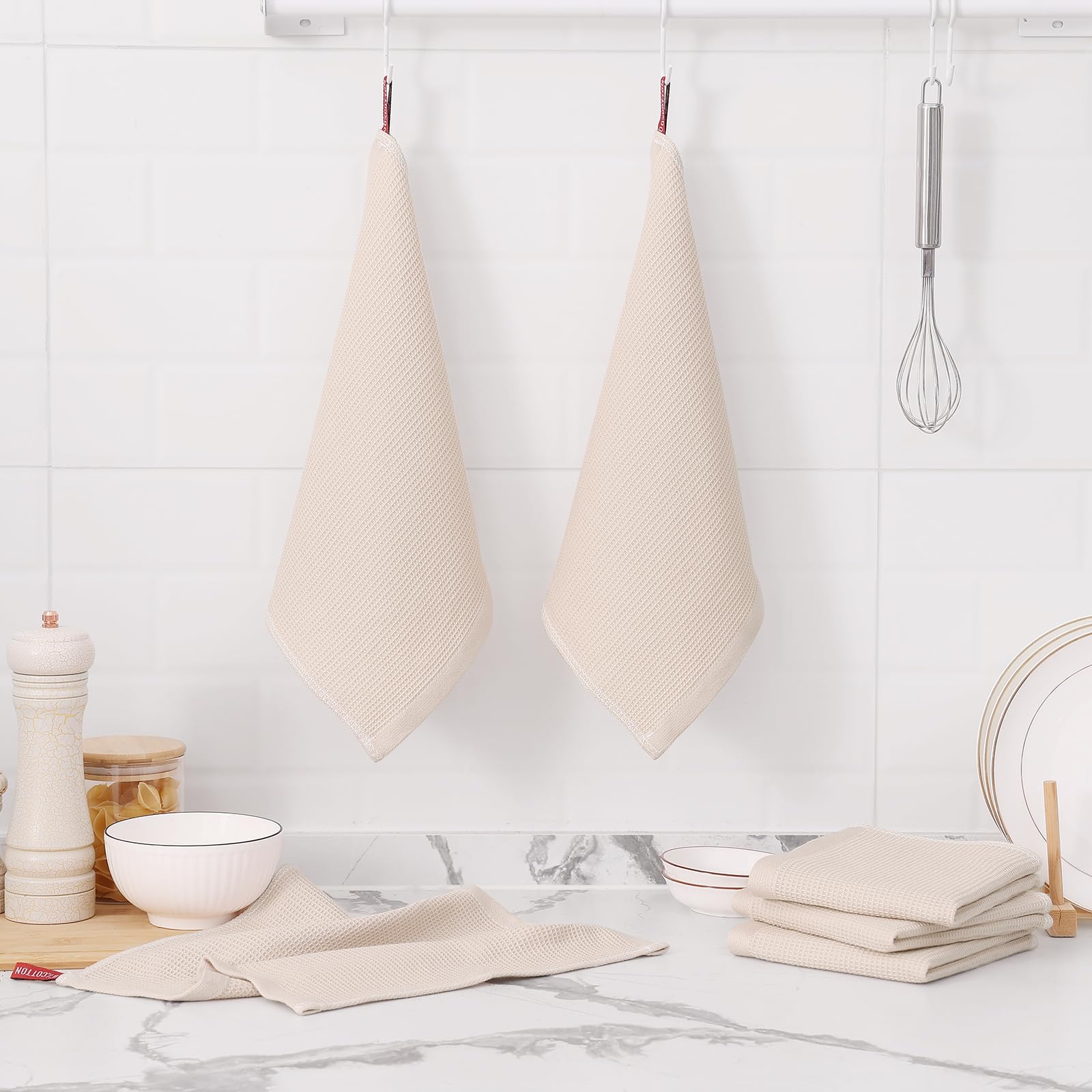 Homaxy Lot de 12 torchons à vaisselle 100 % coton gaufré, beige