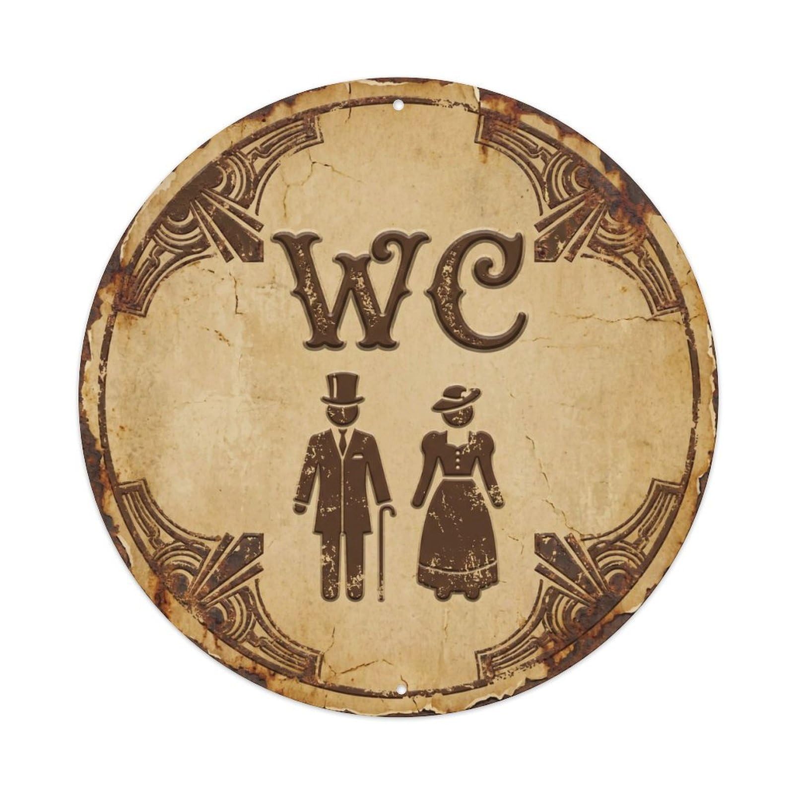 Toilet （WC） Shabby Tan Restroom Metal Tin Sign Plaque Wall Decor for Cafe, Club Bar, Office, Home Garden Round Metal Poster 8x8Inch
