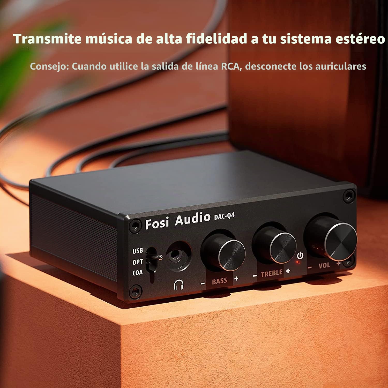 Fosi Audio Q4 Amplificador de Auriculares Convertidor DAC, Mini Amplificador Estéreo Digital a Analógico, USB Coaxial Óptico a Conector AUX RCA de 3,5MM, para Altavoces Activos de Escritorio