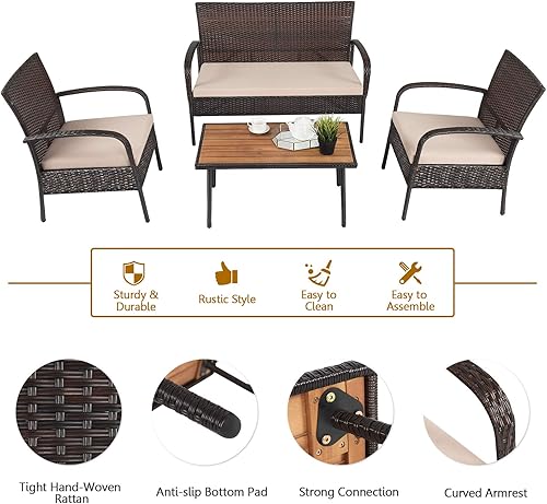 Miniatura 7 de COSTWAY Juego de muebles de ratán de patio de 4 piezas para conversación al aire libre, mesa de centro con cojines