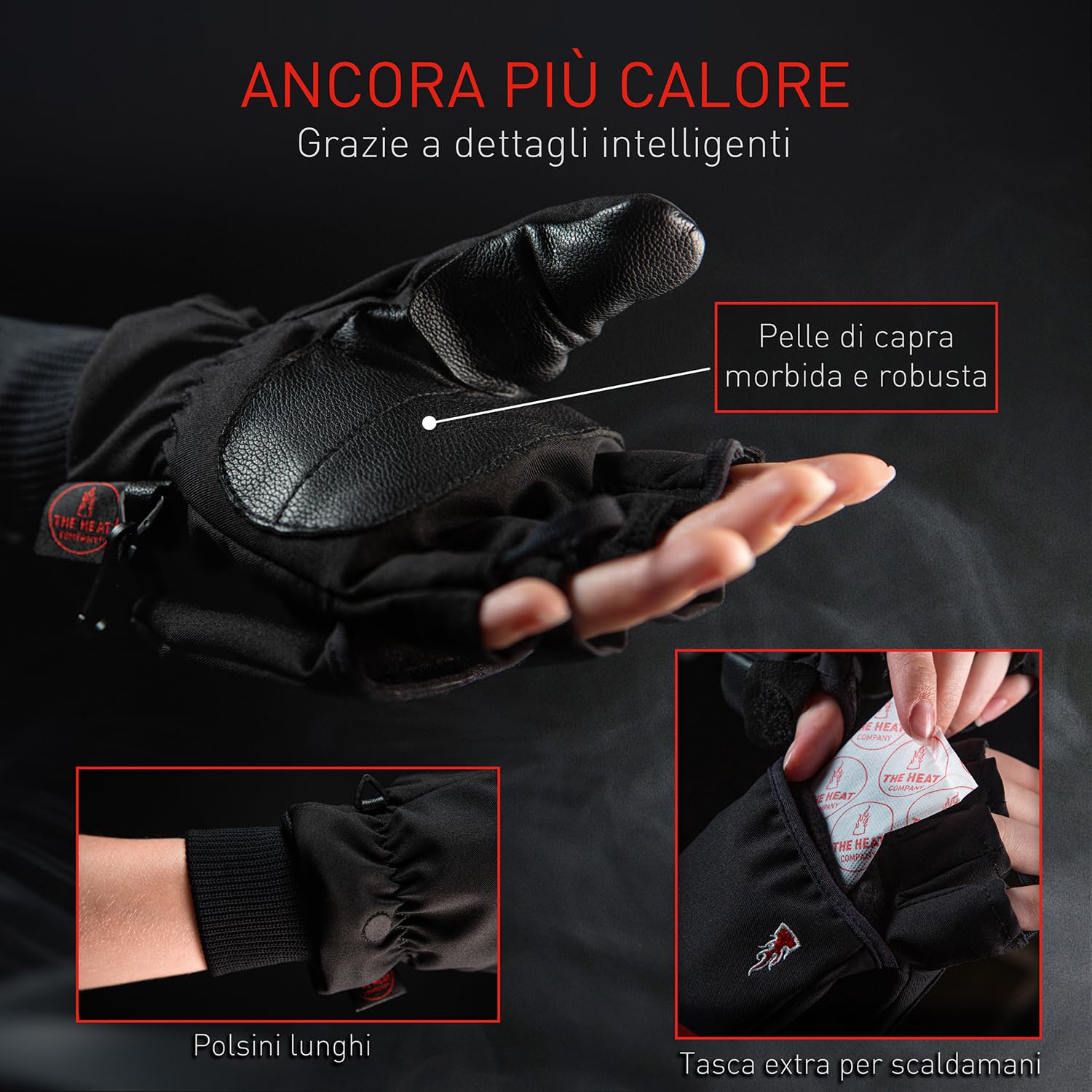 THE HEAT COMPANY - Heat 2 Softshell - guanto senza dita e muffola in uno - qualità premium - guanti invernali caldi e guanti da ciclismo - contro il freddo durante lo sport e il lavoro