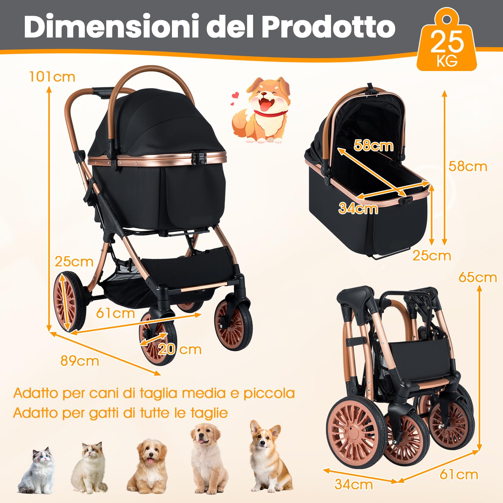 COSTWAY Passeggino Pieghevole per Cani 3 in 1, Carrozzino per Animali con Portapacchi Rimovibile, Tettuccio, Cuscino Rimovibile, Cintura di Sicurezza, Cestino e Portabicchiere, Portata 25 kg