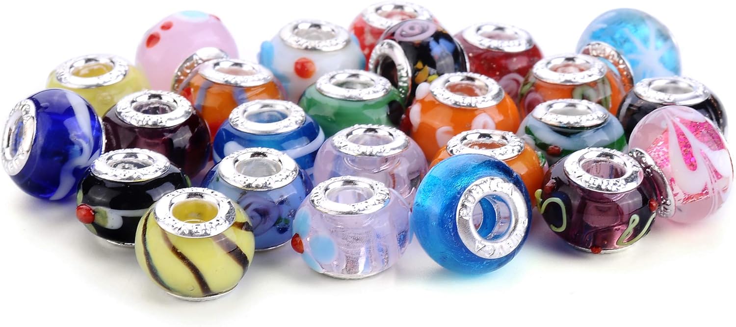 RUBYCA Murano Beads for Jewelry Making Large Hole Glass Beads for European Snake Chain Bracelets Making White Silver Core Lampwork Spacer 100 Pcs Mix