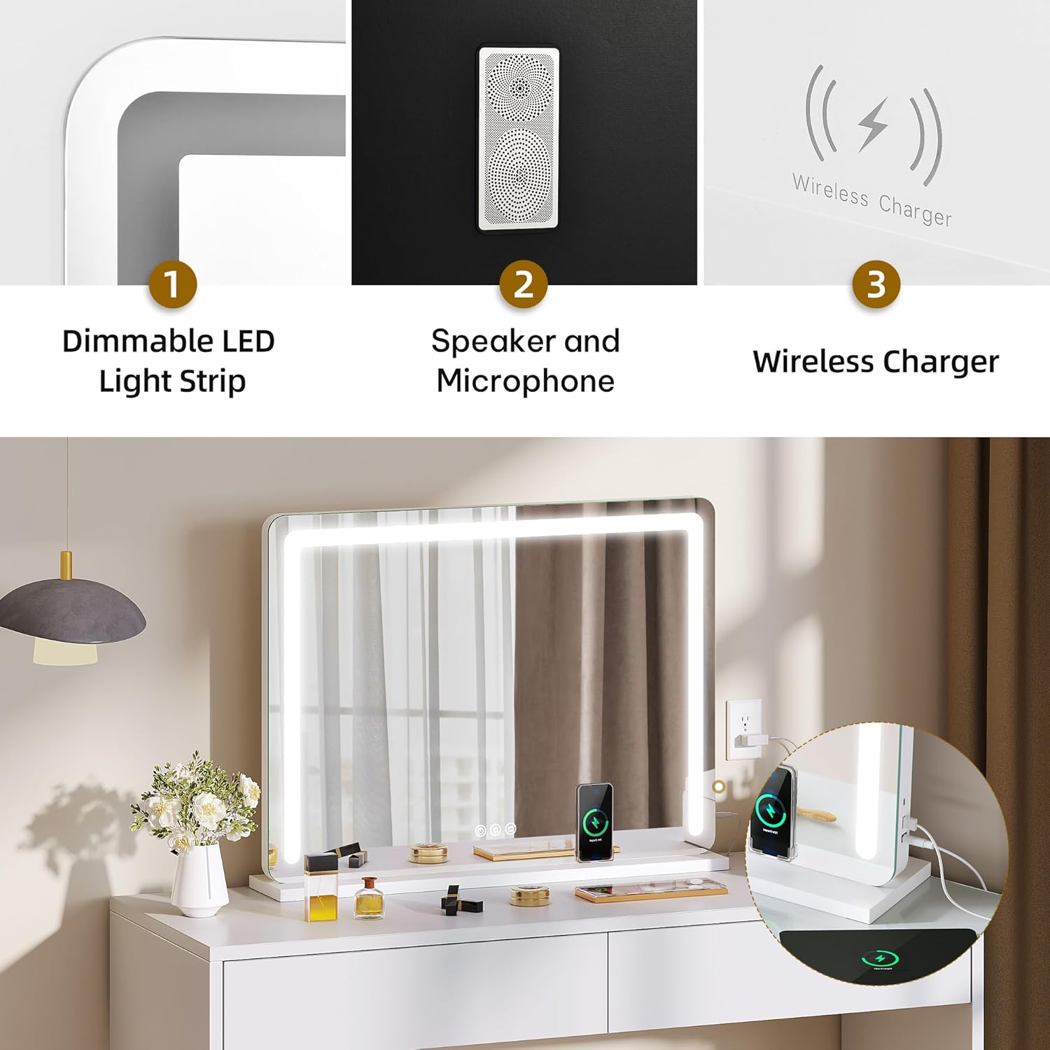 Close-up of the mirror features: Dimmable LED Light Strip, Speaker and Microphone, and Wireless Charger.