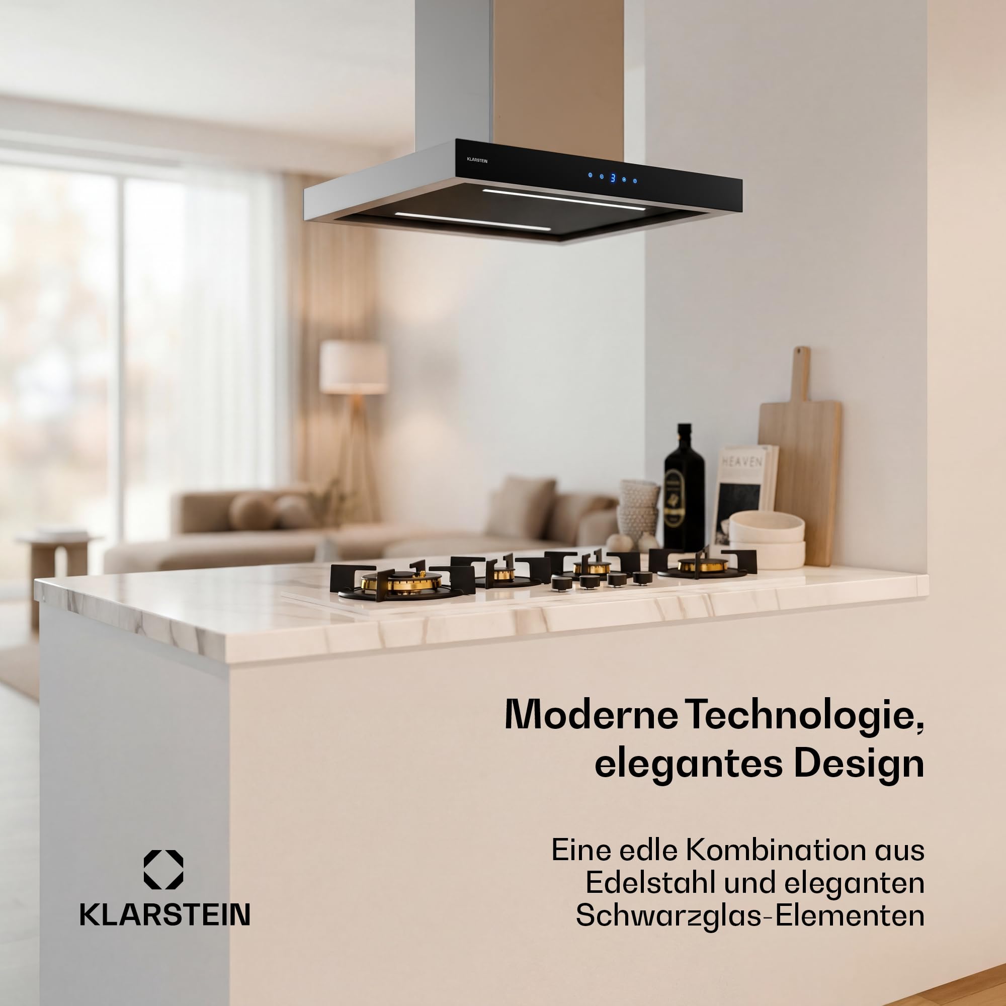 Klarstein Valeria Insel-Dunstabzugshaube – Decken-Dunstabzug 632 m³/h, Touch-Bedienfeld, LED-Beleuchtung, Boost-Modus, Umluft oder Abluft