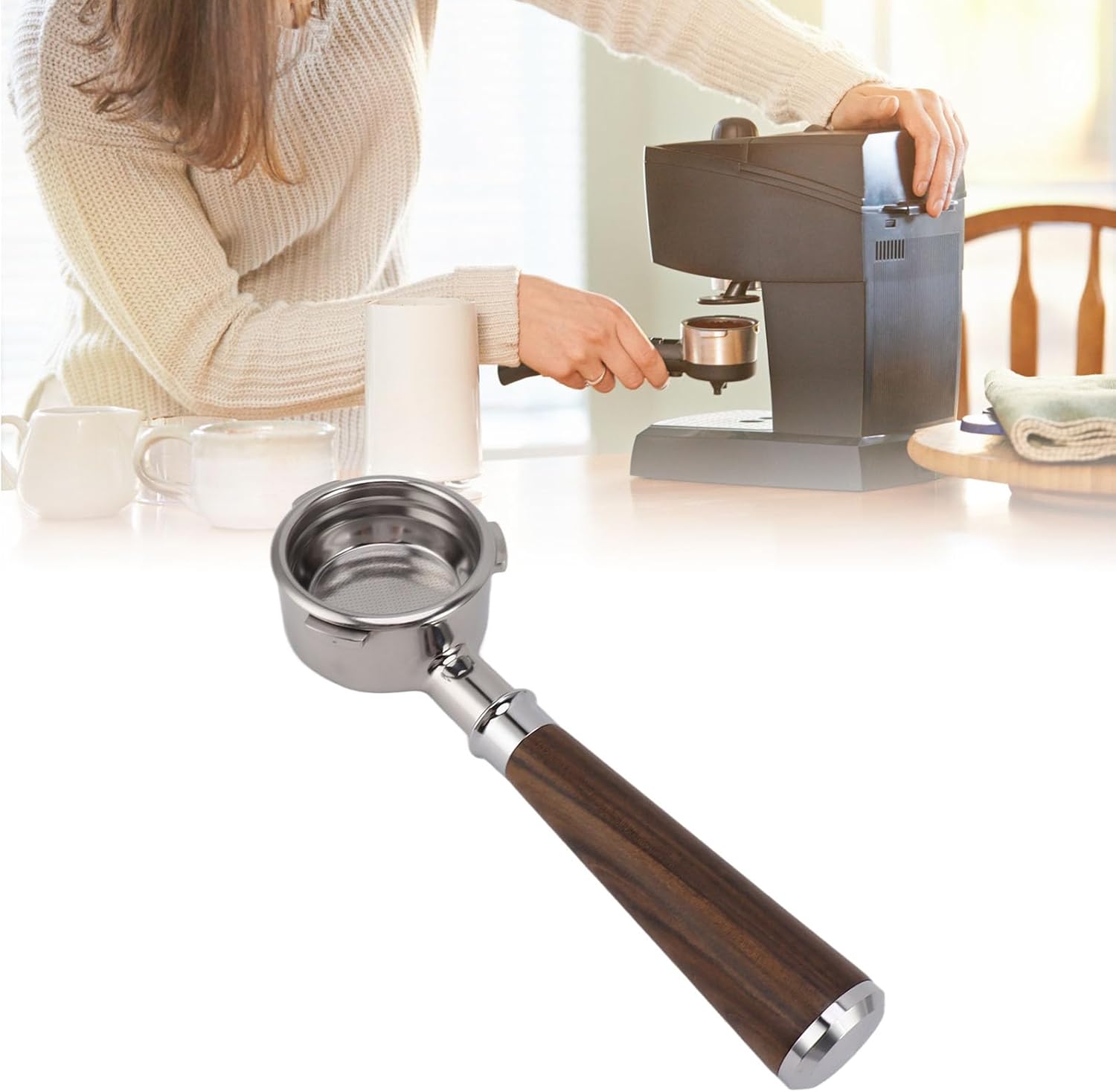 58mm Bottomless Portafilter,3 ears 58mm Portafilter Stainless Steel portafilters and Walnut wood Handle Espresso Machine Accessories (#2)