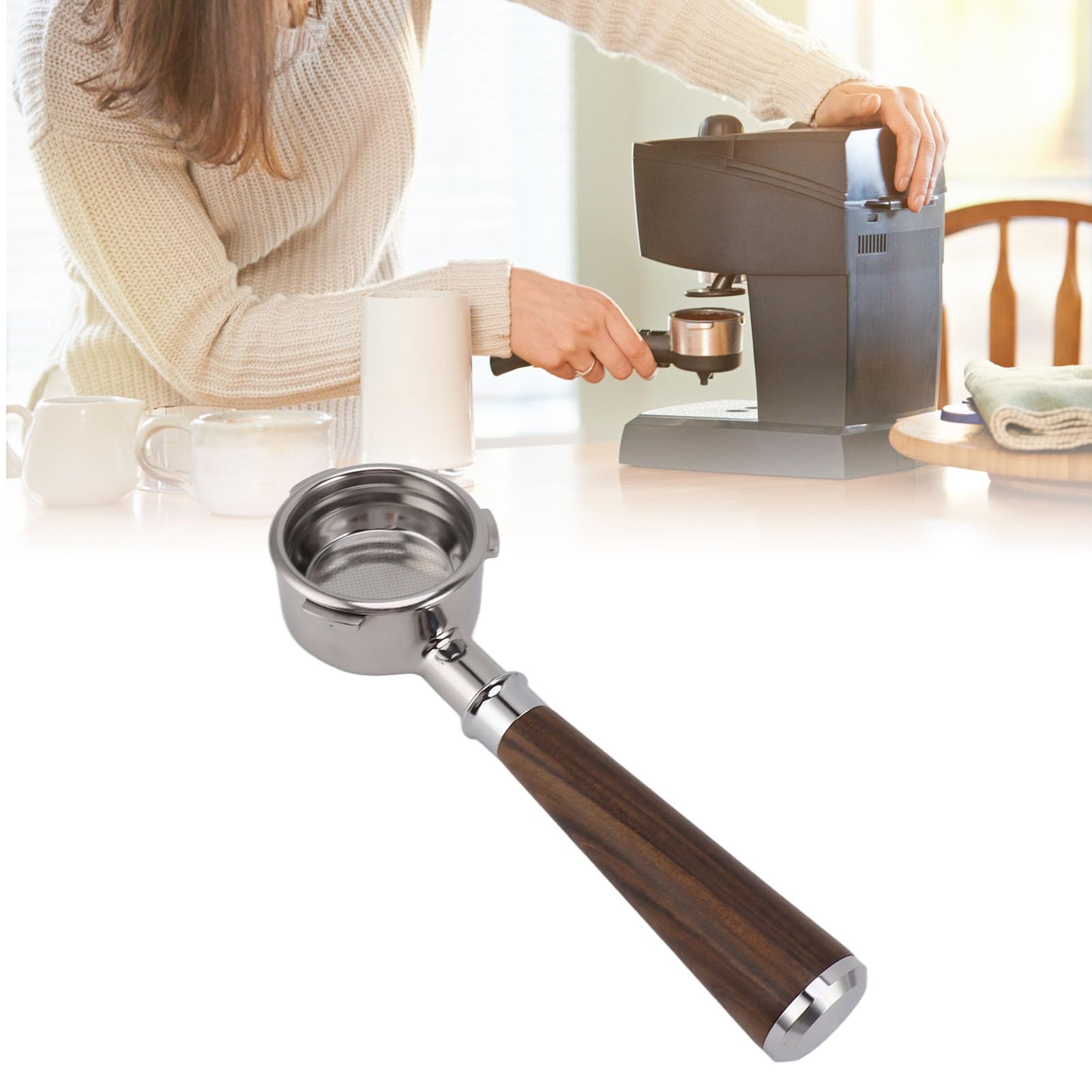 58 Mm Bodenloser Kaffee-Siebträger, Tassenfilterkorb-Siebträger, 3 Ohren, Edelstahl-Kaffee-Siebträger, Massivholzgriff für Barsetto-Kaffeemaschine (Ein Schwarzer Saurer Zweig)