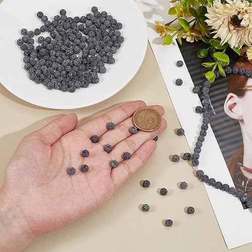 Miniatura 3 de PH PandaHall 620 cuentas de lava natural de 0.236 pulgadas sin teñir, cuentas de piedra de lava gris, cuentas de chakras, cuentas redondas sueltas