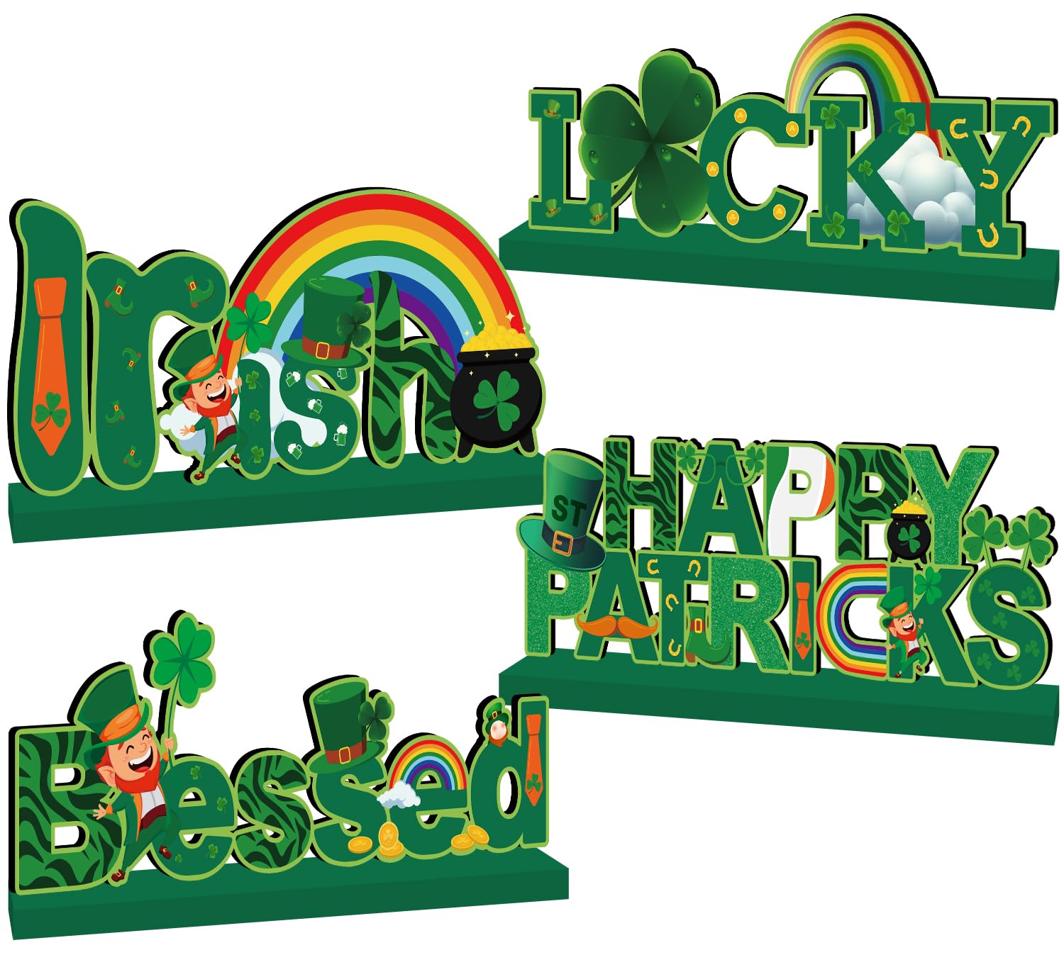 4pcs St Patricks Day Decorations Wooden Table Signs,Happy Saint Patricks Day Table Decorations Green Irish Lucky Shamrock, Leprechaun St. Patricks Day Decorations for Holiday Party