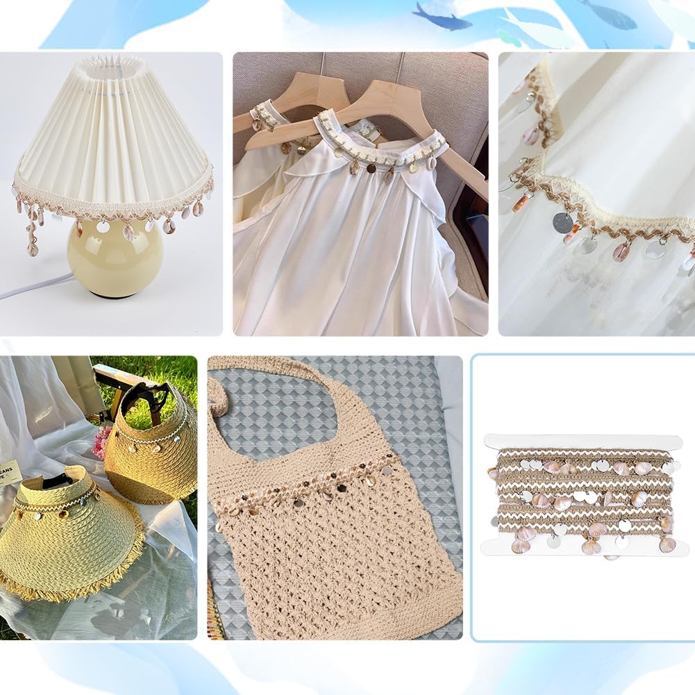 PH PandaHall 5 Yards Shell Fringe Trim, Boho Seashell Charms Lace Cotton Ribbon Ocean Themed Scallop Tassel Nautical Boho Shell Charms for Sewing Clothing Upholstery Lampshade Crafts, 1-3/8 inch Wide