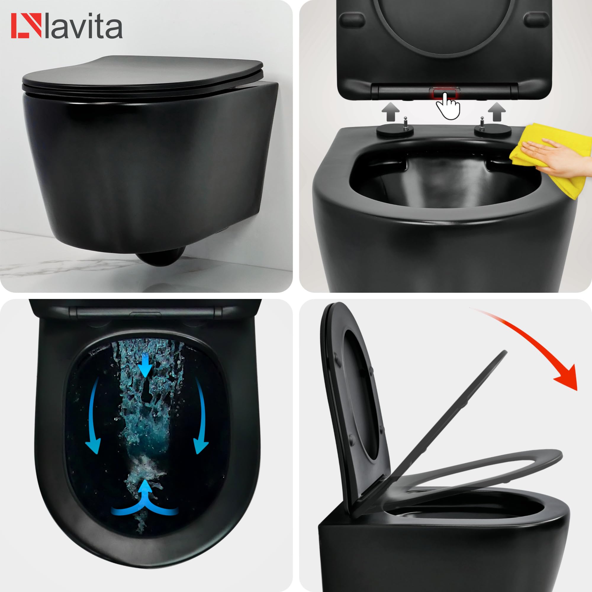 LAVITA Vorwandelement Solido Start + Wand Hänge WC Praia Schwarz Spülrandlos + WC-Sitz SoftClose Verchromter Knopf Komplettset Unterputz Spülkasten Toilette Komplett Sett WC