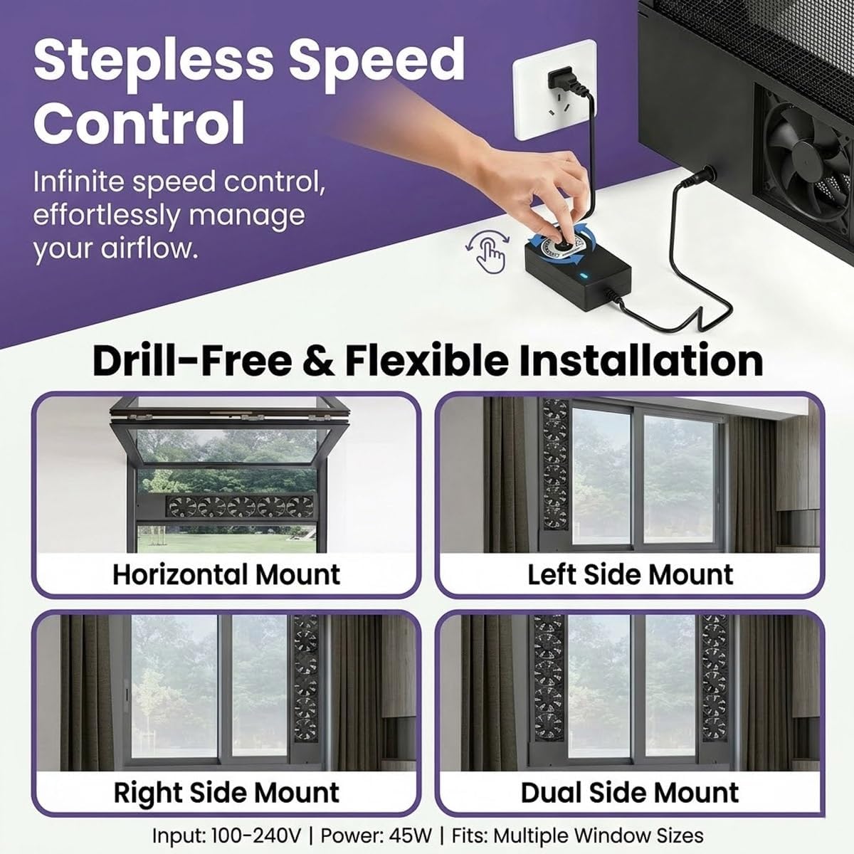 Vertical Window Fan for Sliding Windows, Retractable Reversible Airflow Window Exhaust Fan with Adjustable Speed, No-Drill Tool-Free Window Fan for Bedroom Kitchen Office Household(19.7-24.4in)