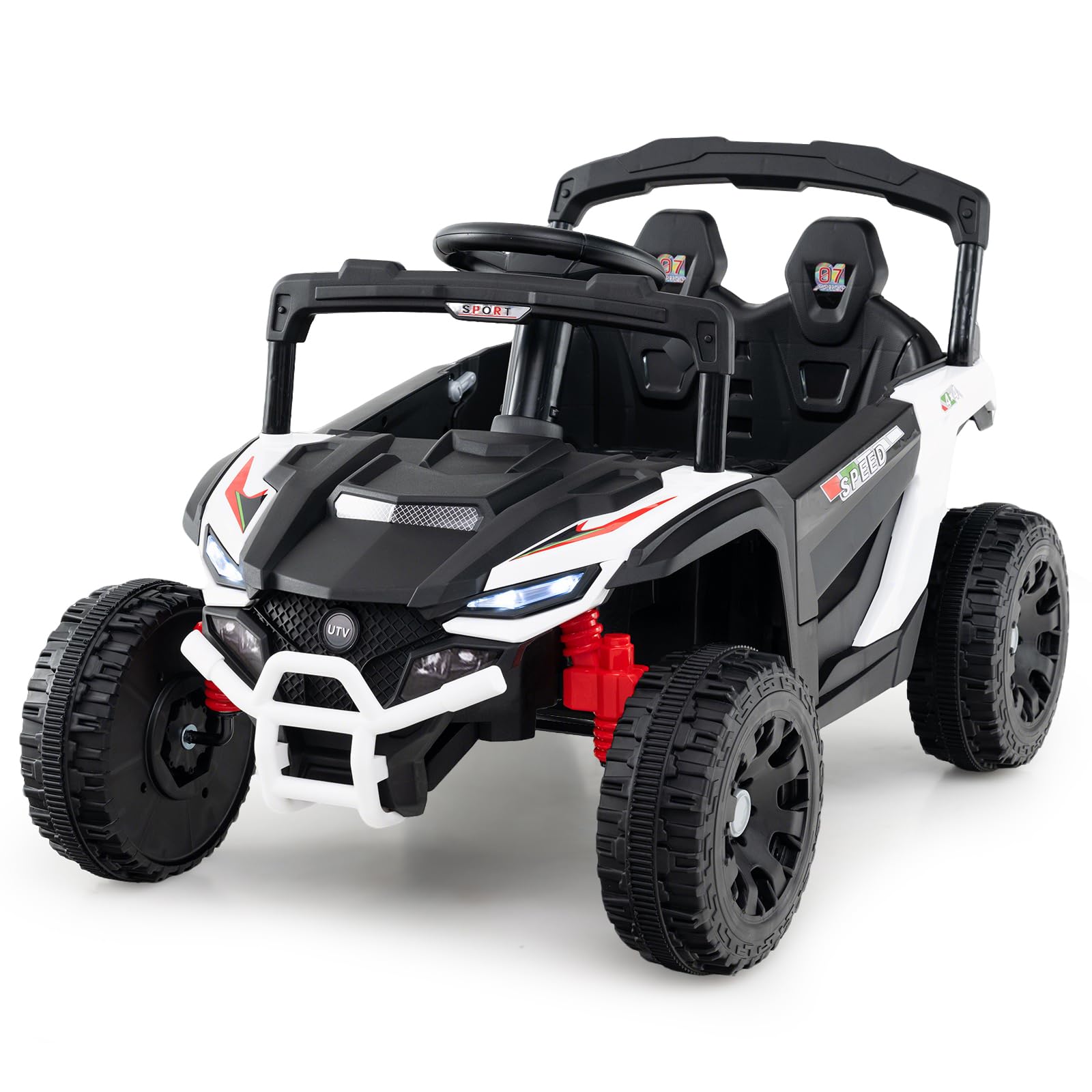COSTWAY 12V Kids Ride on Car, Electric UTV Truck with Remote Control, LED Lights, Music, Horn, Forward/Backward Function, 2 Motors Battery Powered Vehicle Toy for 3+ Years Old (White)