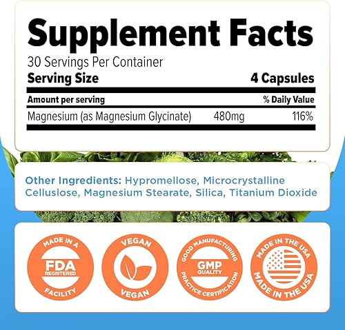 Miniatura 3 de Glicinato de magnesio de 480 mg - Suplemento de magnesio de alta absorción que ayuda al alivio del estrés, sueño, salud cardíaca, nervios, músculos