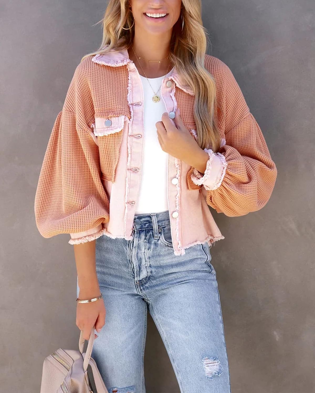 Women Waffle Knit Shacket Cropped Denim Stitching Button Down Loose Long Sleeve Jacket Tops