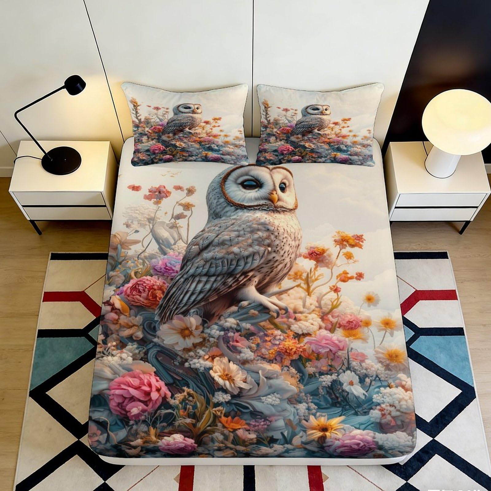 Uynsixtme Style-1 3D Printed Owl Floral Fitted Sheet Microfiber Deep Pocket Bedroom Bedding Owl Mattress Fitted Cover Non-Slip Elastic Hem Washable 90X200x25cm