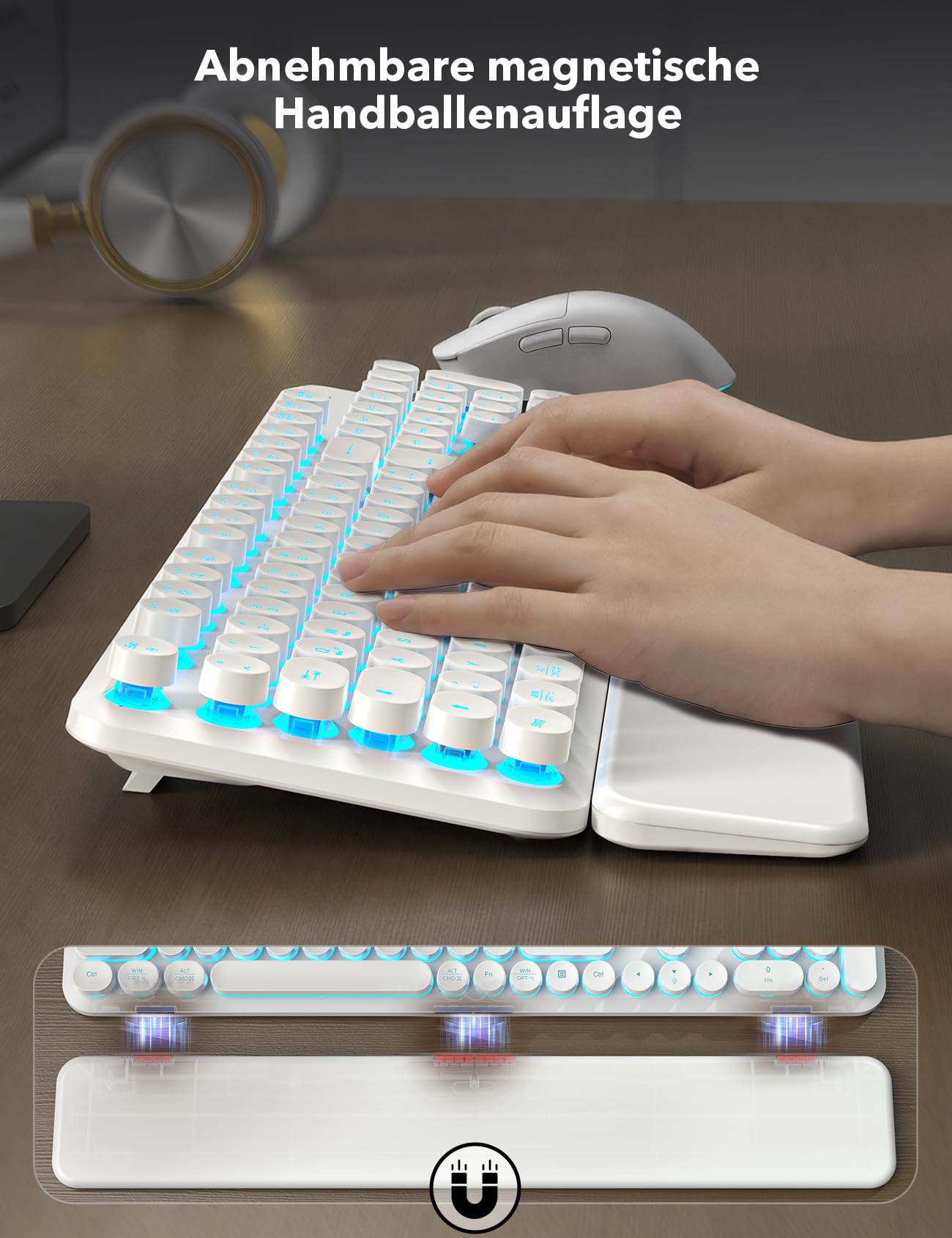 Sablute Tastatur Maus Set Kabellos QWERTZ mit beleuchteten Rundtasten | 105 Tasten, 7 Lichtfarben, magnetische Handballenauflage, USB-C aufladbar, 2,4 GHz USB Empfänger, 6-Tasten-Maus