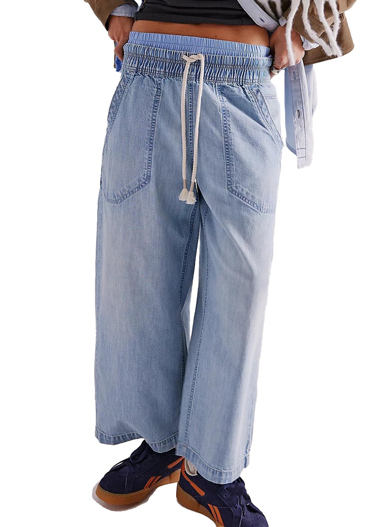 longlugoo Women Barrel Jeans Casual Wide Leg Baggy Elastic Mid Rise Boyfriend Y2k Loose Denim Pants with Drawstring