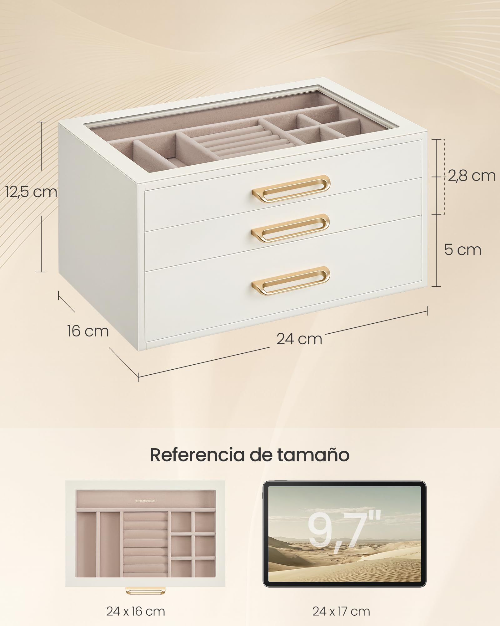 SONGMICS Caja de Joyas, Organizador de Joyería de 3 Niveles, con Ventana de Vidrio, 3 Cajones, Gran Capacidad, Tiradores Dorados, Idea de Regalo, 16 x 24 x 12,5 cm, Blanco Crema JBC206WD01