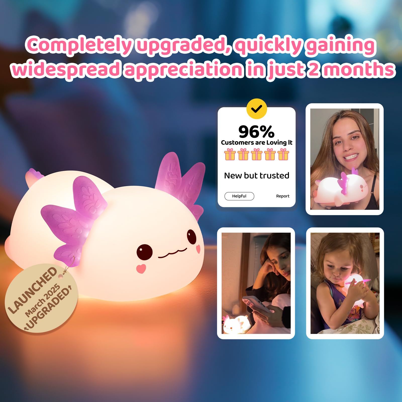 Mewaii Huggwaii Squishy Axolotl Night Light for Kids 4 Soothing White Noise Sounds - Image 2