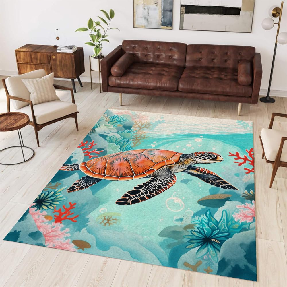 Tapis de salon grand motif tortue marine facile à nettoyer