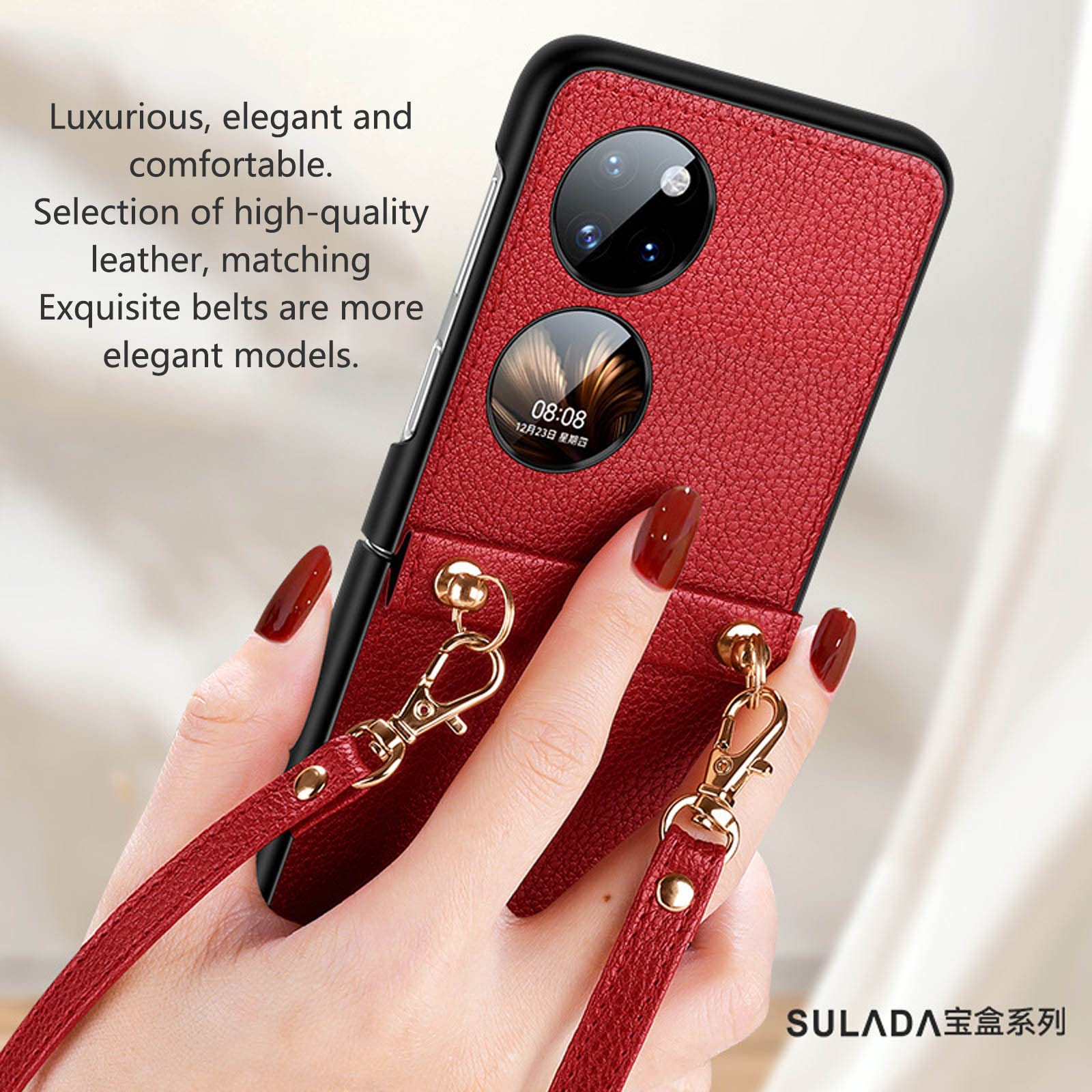 Coque pour Huawei P50 Pocket, Flip Étui avec Protection Caméra Et Crossbody Long Strap Fonction Étui Antichoc Housse,Noir