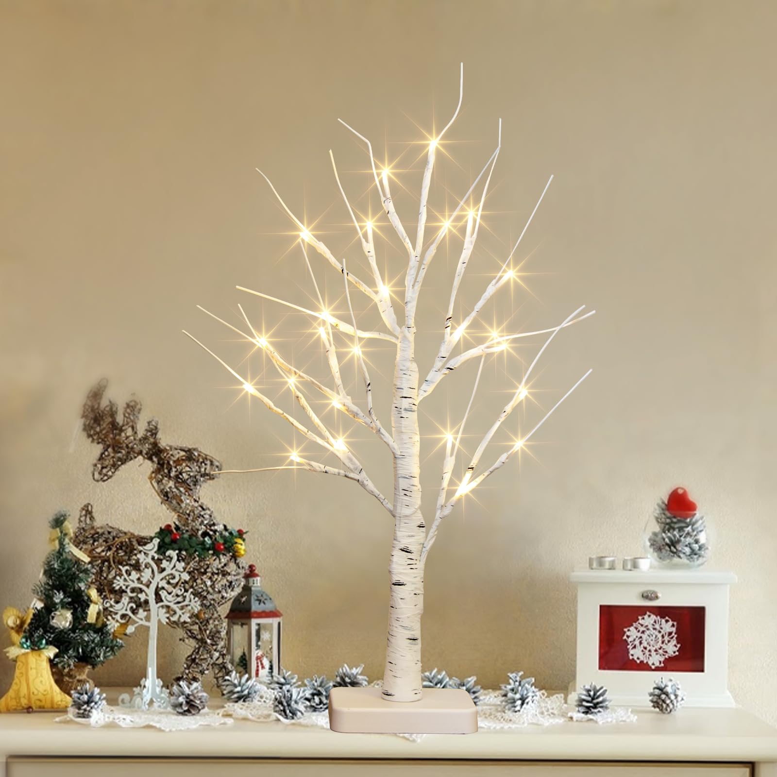 2 Arbres Lumineux DELICHTER 55cm - 24 LED Blanc Chaud - Minuterie - Piles - Décoration Noël, Pâques, Mariage