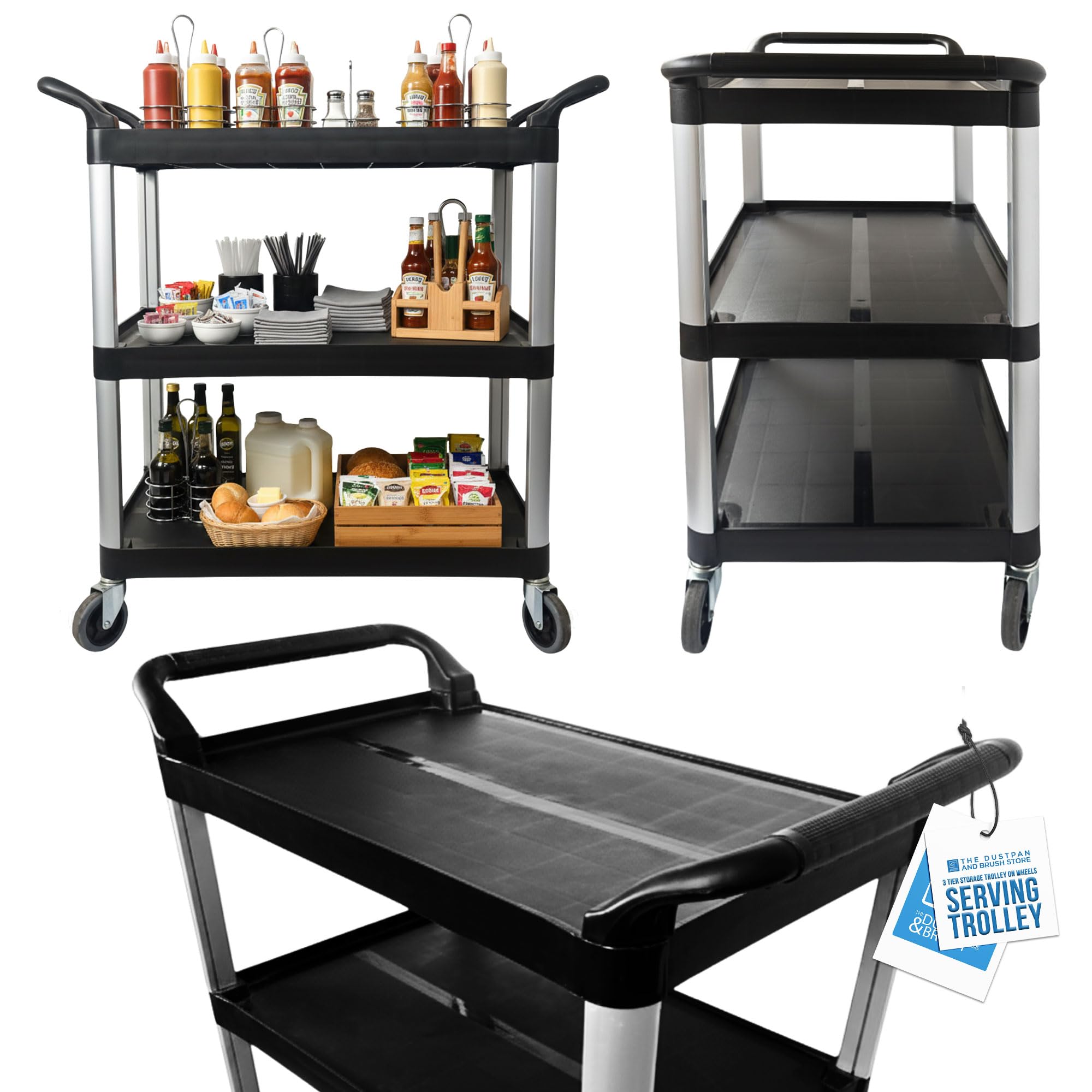 TDBS The Dustpan and Brush Store Multipurpose 3 Tier Trolley on Wheels - Premium Design Catering Storage Trolley with Shelves, Perfect for Restaurants, Kitchens, Hotel etc - Large