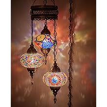 DEMMEX Plug-in Turkish Hanging Lamp, Handmade Moroccan Mosaic Chandelier Pendant Light Fixture with 15-ft Cord &amp; Chain, Decorative Ceiling Lamp for Living Room, Bedroom, 3 Large 7'' Globes, 3.5 ft.