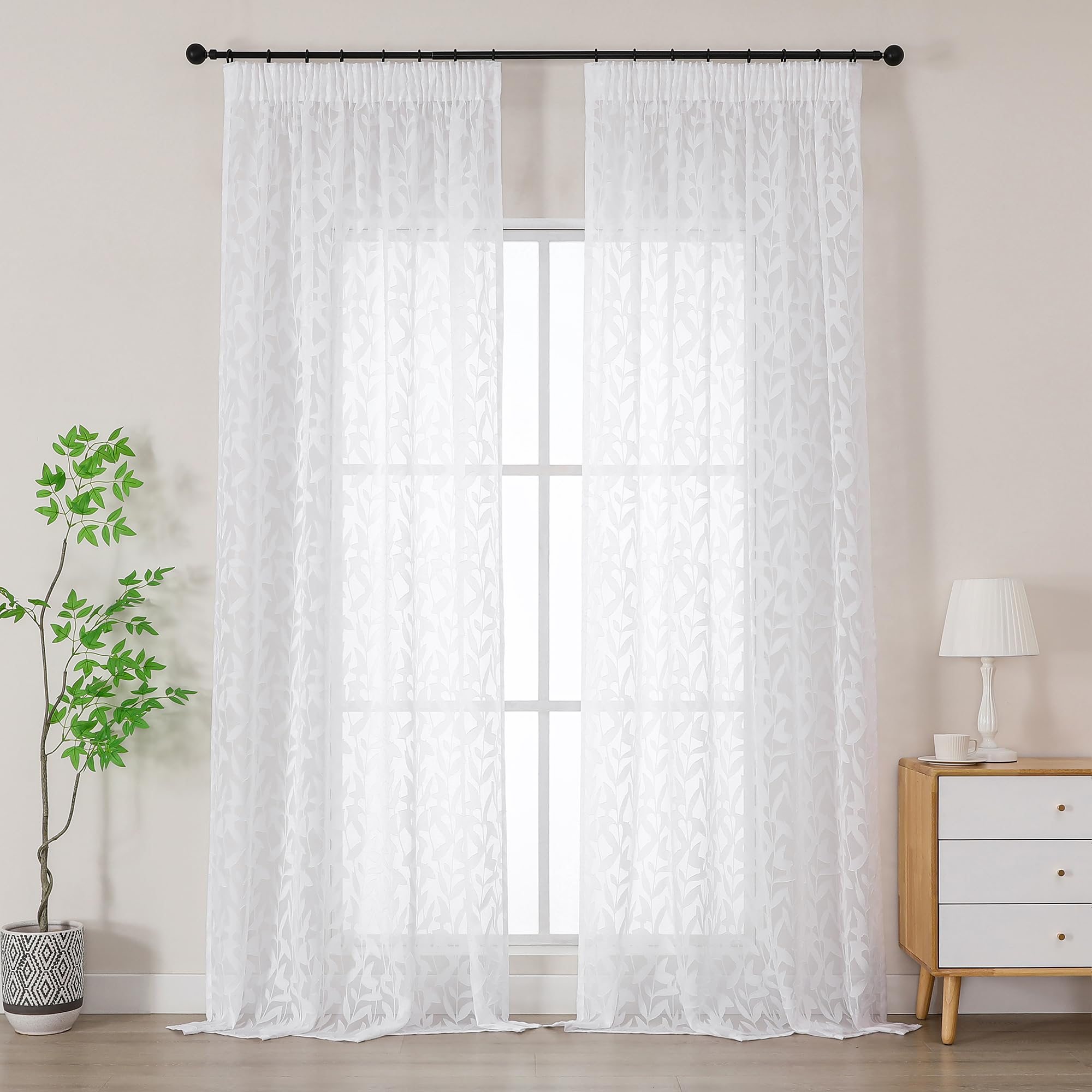 Simplebrand White Textured Sheer Curtains 2 Panels W140 x L245cm, Leaf Clip Jacquard Voile Curtains, Pencil Pleat Semi-Sheer Window Drapes for Patio Sliding Doors Large Windows Home Decor