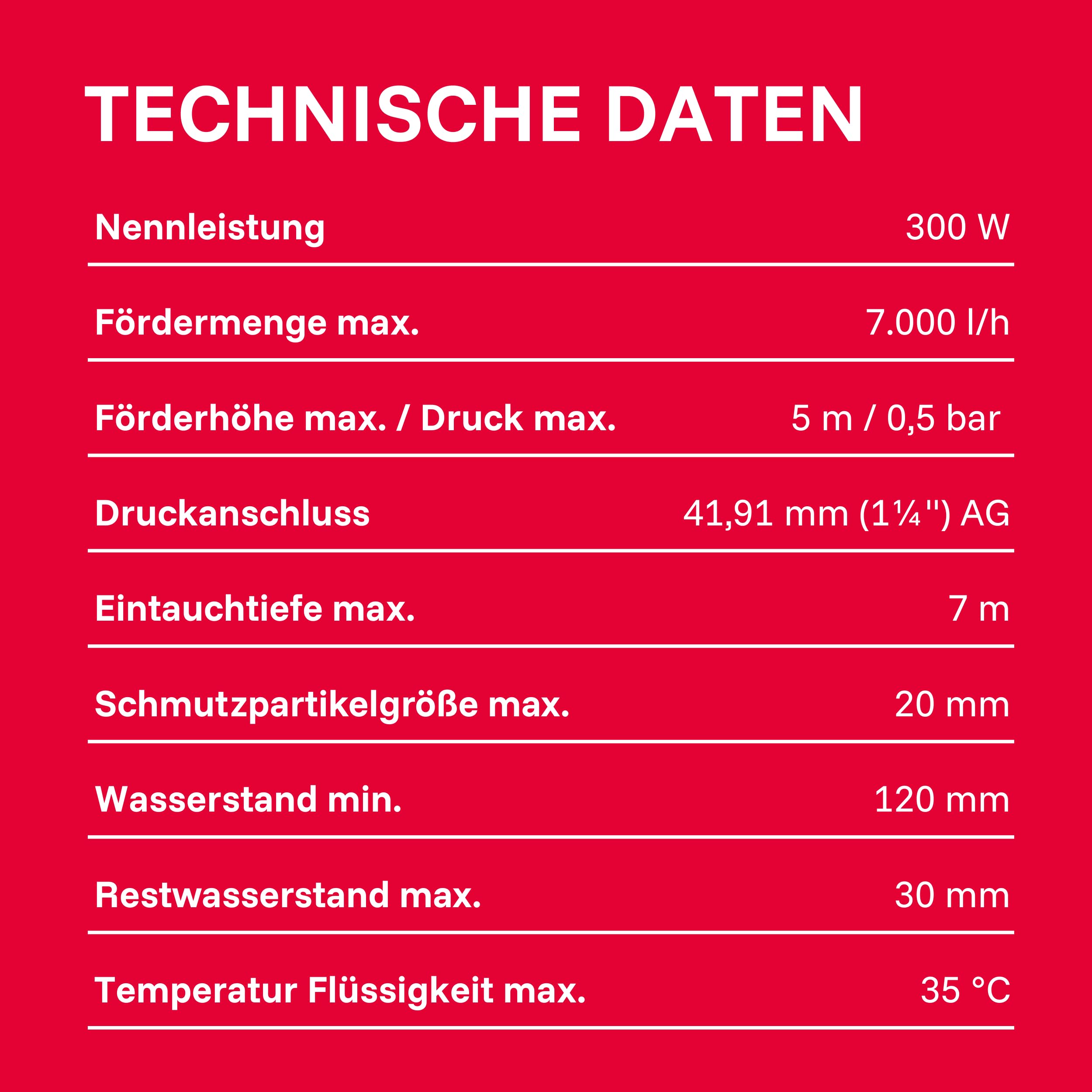 T.I.P. Schmutzwasser Tauchpumpe (7.000 l/h Fördermenge, 5 m Förderhöhe, 0,5 bar Druck, 300 W, 20 mm Korngröße, GFK Pumpengehäuse, VORTEX Laufrad, Inkl. Schlauchanschlußbogen) TVX 7000, 30268