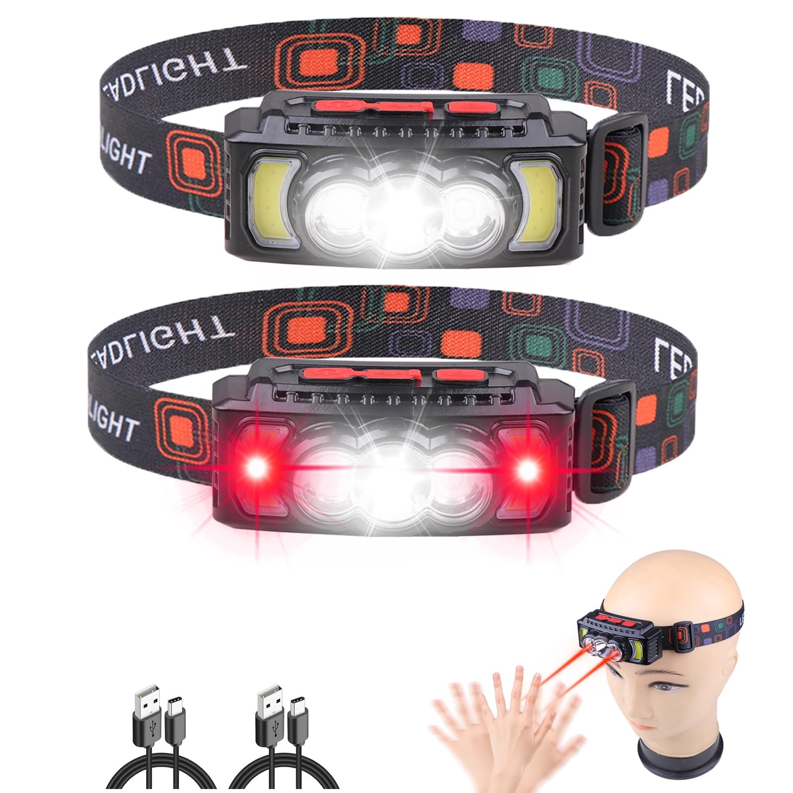 Headlamp 2 Pack, 3000 Lumens Super Bright USB Rechargeable LED Headlamp, Adjustable Waterproof Gesture Sensor Headlamp, Suitable for Outdoor Camping, Running, Cycling, Fishing When Using