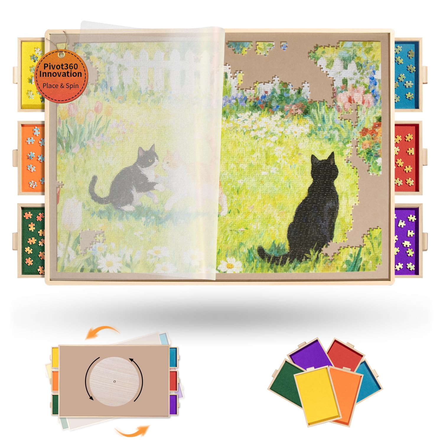 Join&Joy 1500 Piece Puzzle Board Pro, with 6 Drawers & Cover, 34"x25" | Sort-Wise Colorful Felt Drawers, Wooden Rotating Jigsaw Puzzle Table,Birthday Gifts for Mom