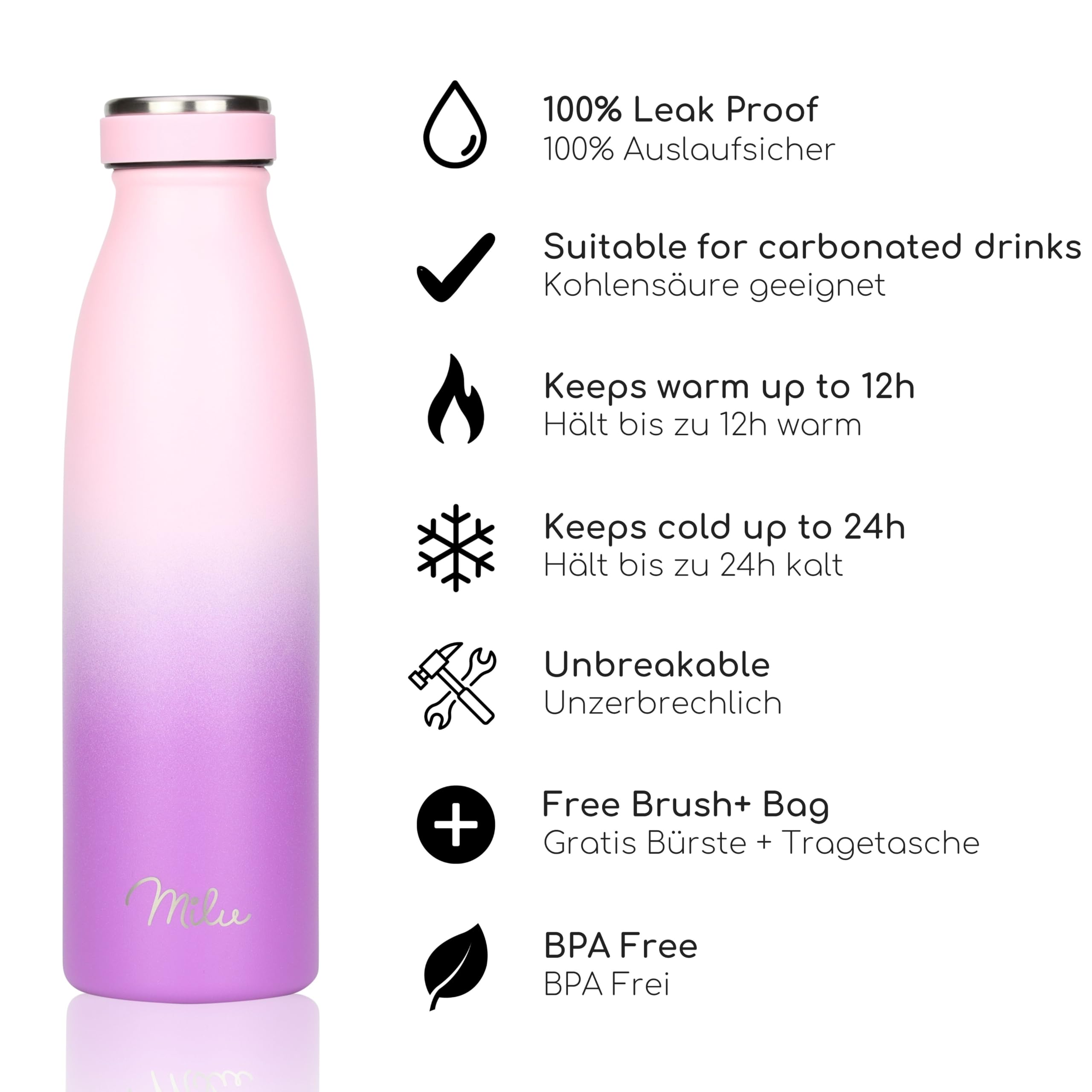Milu Stainless Steel Drinking Bottle 500 ml, Insulated Thermo Flask for Water, Leak Proof, Insulated and Double Walled - Image 2