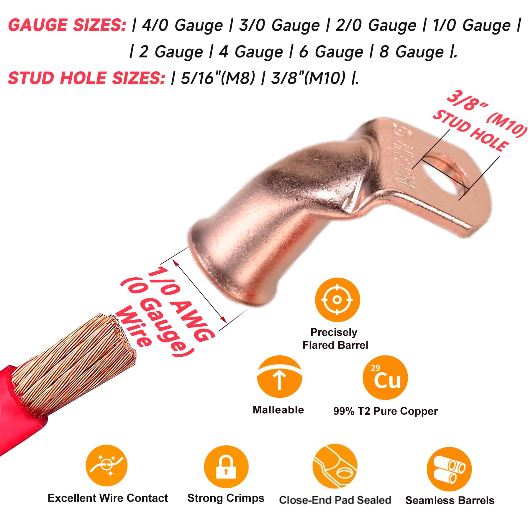 10 cosses de câble en cuivre pur à 90 °, 10 bornes de batterie pliées à 90 degrés, bornes à anneau robustes, bornes de calibre 0, extrémités de câble de batterie à 90 °, connecteurs