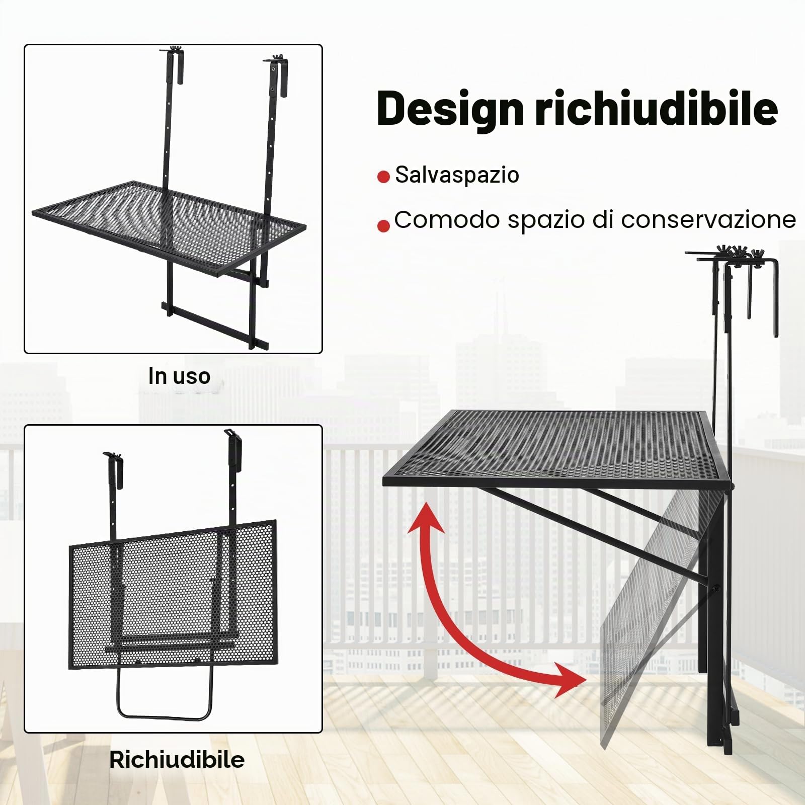 KOMFOTTEU Tavolo da balcone sospeso, 60,5 cm x 40,5 cm (lunghezza x larghezza), tavoli da servizio pieghevole, carico 20/23 kg, tavolo sospeso in ferro, per esterni e interni (regolabile in 5 altezze)