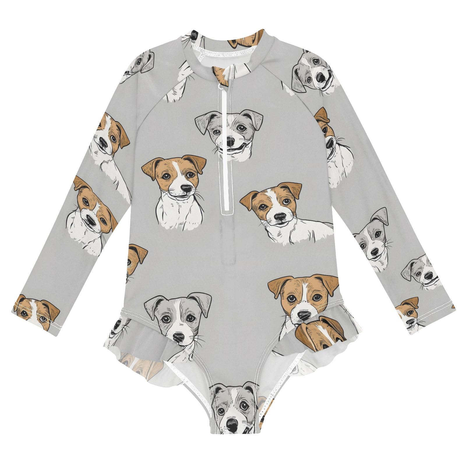 ALAZA Swimsuit for Girls Long Sleeve Rashguard Bathing Suit Dog Head Gray Quick Dry 4T