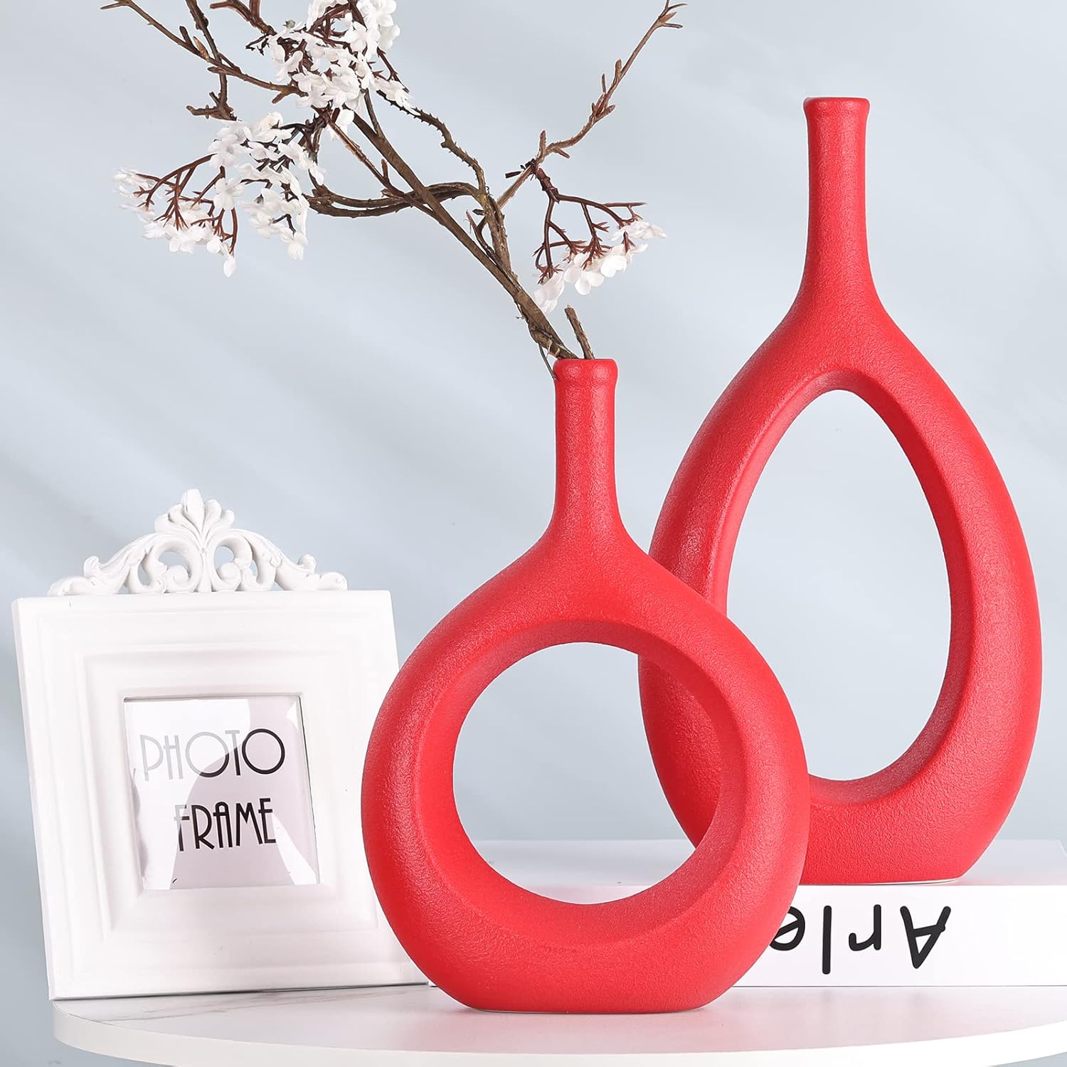 Red Ceramic Hollow Elliptical Vase Set of 2 - Boho Circle Vase with Hole, for Modern Red Table Decor, Living Room Decor Shelf mid Century Modern Home Entrance Decorative vase - Image 6