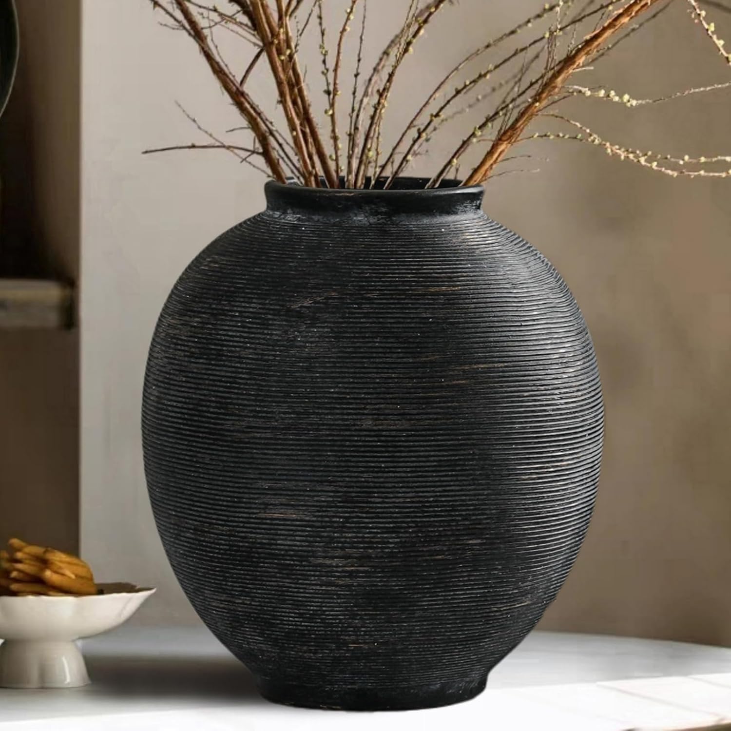 Black Ceramic Flower Vase Home Decor, Large Round Farmhouse Table Vases Rustic Vintage Living Room Entrway Kitchen Bedroom Decorations,Minimalist Hand-Made Textured Vase (9.8” H Black Bronze)
