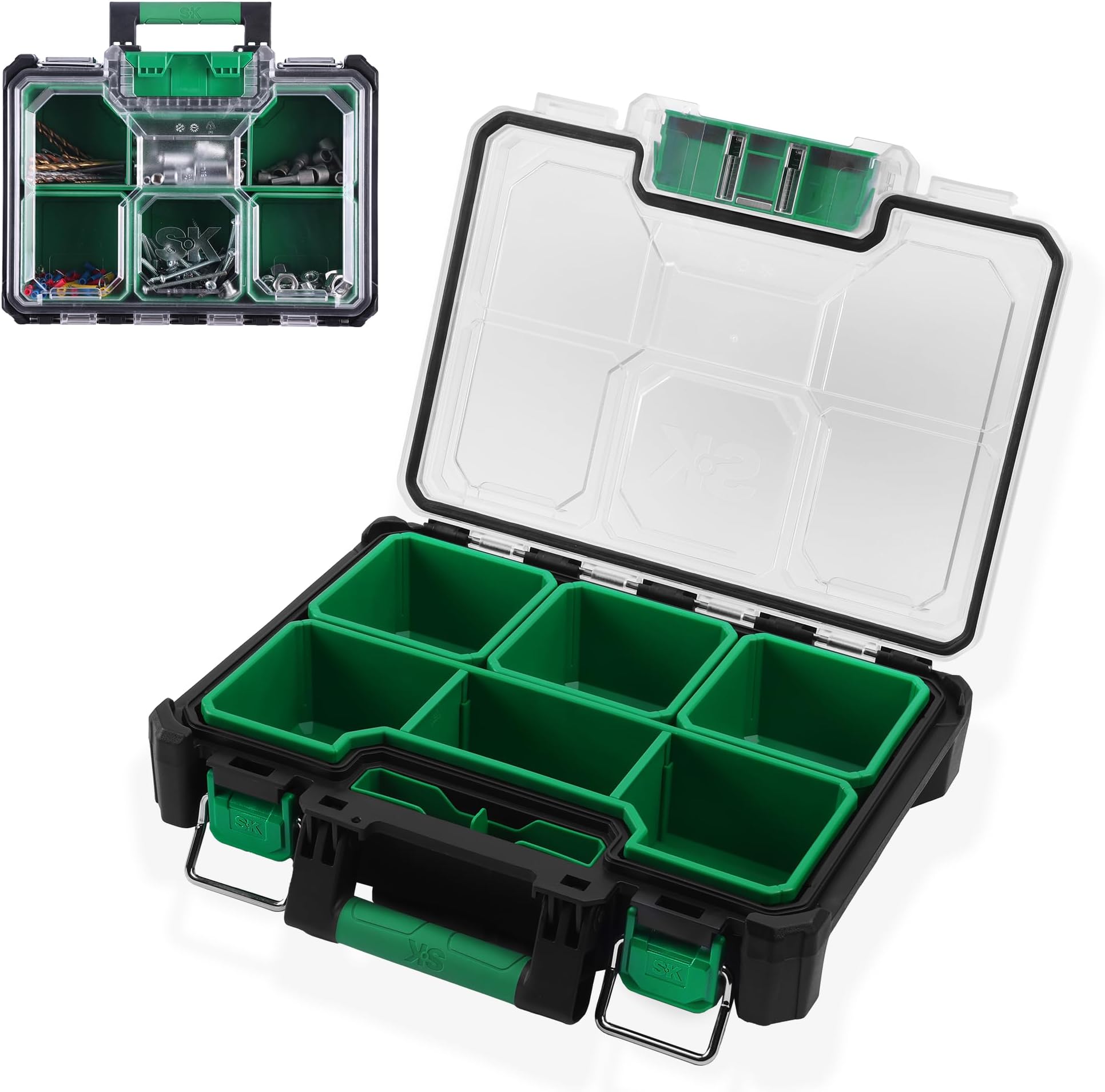 SK 13.5-Inch Small Part Organizer, Stackable Tools Box Organizer with 7 Compartments and Removable Dividers, Transparent Lid, Waterproof & Impact-Resistant Design, for Small Tools and Accessories