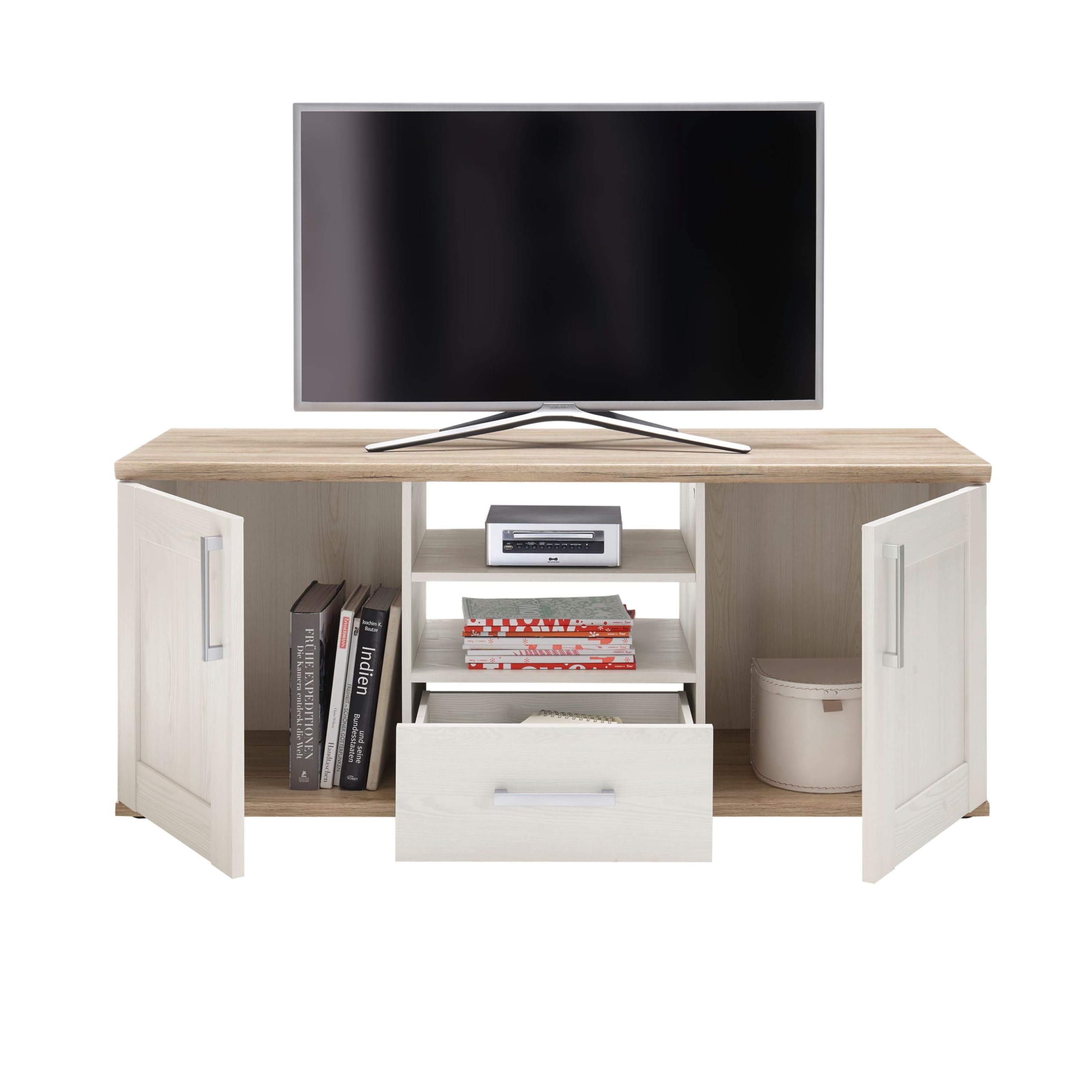 Romance TV-Lowboard in Sibiu Lärche, Eiche San Remo Optik - TV Schrank im Landhausstil mit viel Stauraum für Ihr Wohnzimmer - 143 x 59 x 50 cm (B/H/T)