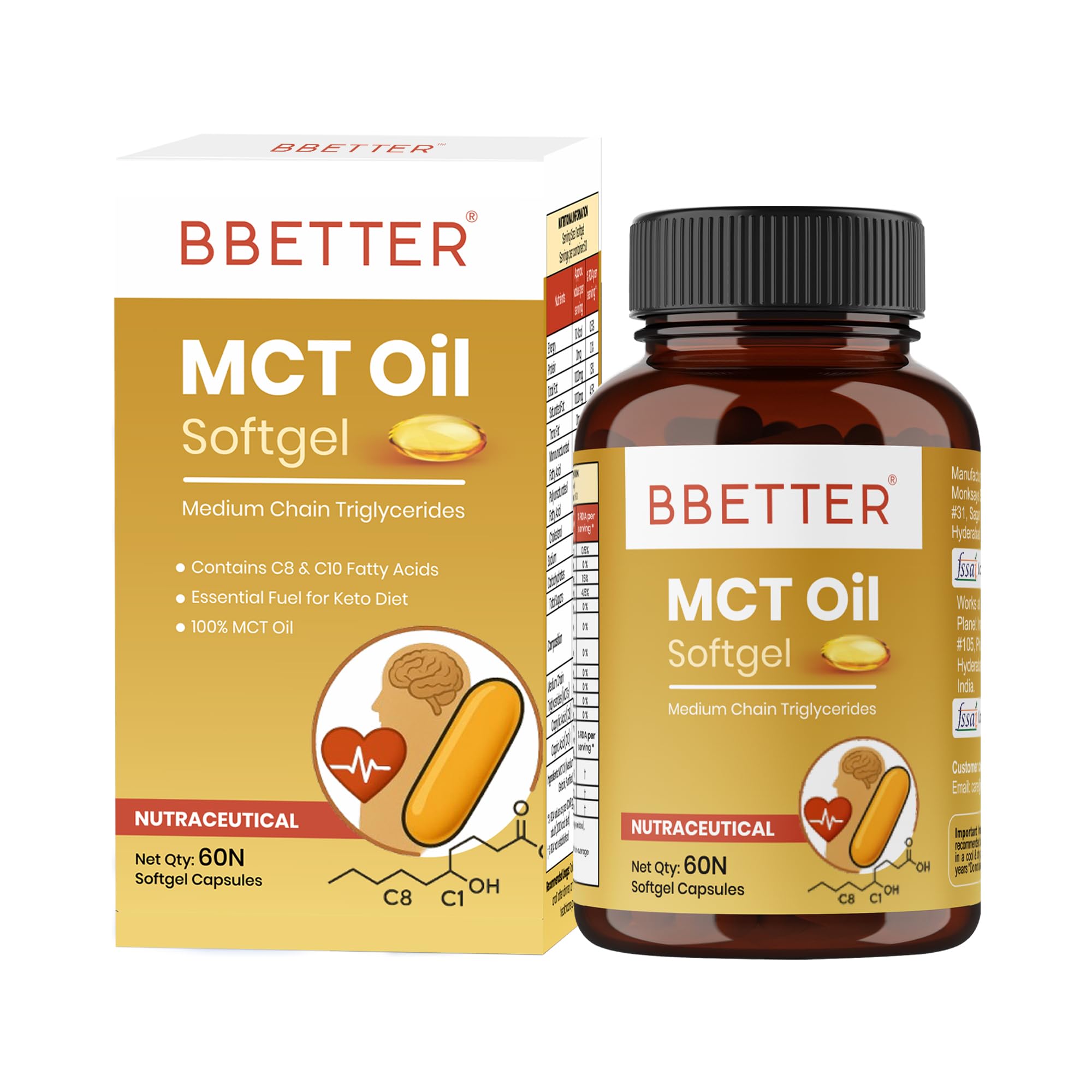 BBETTER MCT Oil Softgels | 1000mg Per Serving | Helps Support Energy, Metabolism & Brain Function | Keto-Friendly | 60 Softgels