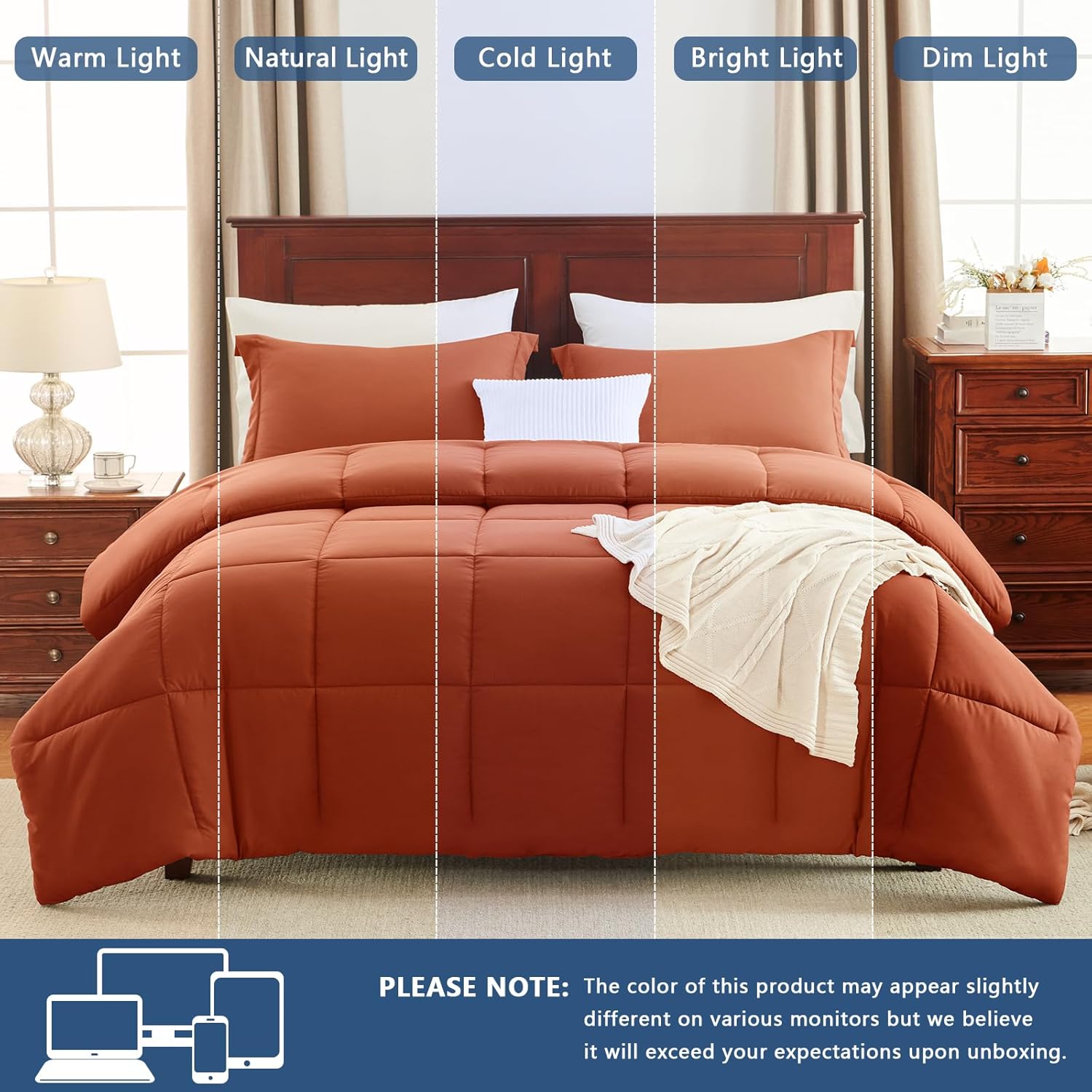 CozyLux Full Size Comforter Sets - Burnt Orange Comforter, 3 Pieces Terracotta Box Stitched Bed Set for All Seasons, Soft Bedding Sets with 1 Down Alternative Comforter and 2 Pillow Shams - Image 5