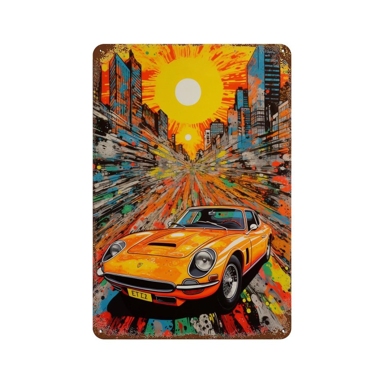 Aged Metal Wall Plaque with City Speed Vibrant Sports Car Art Design 11.8"x7.9", for Shed, Workshop And Garage Wall Decor, Decorative Metal Wall Art
