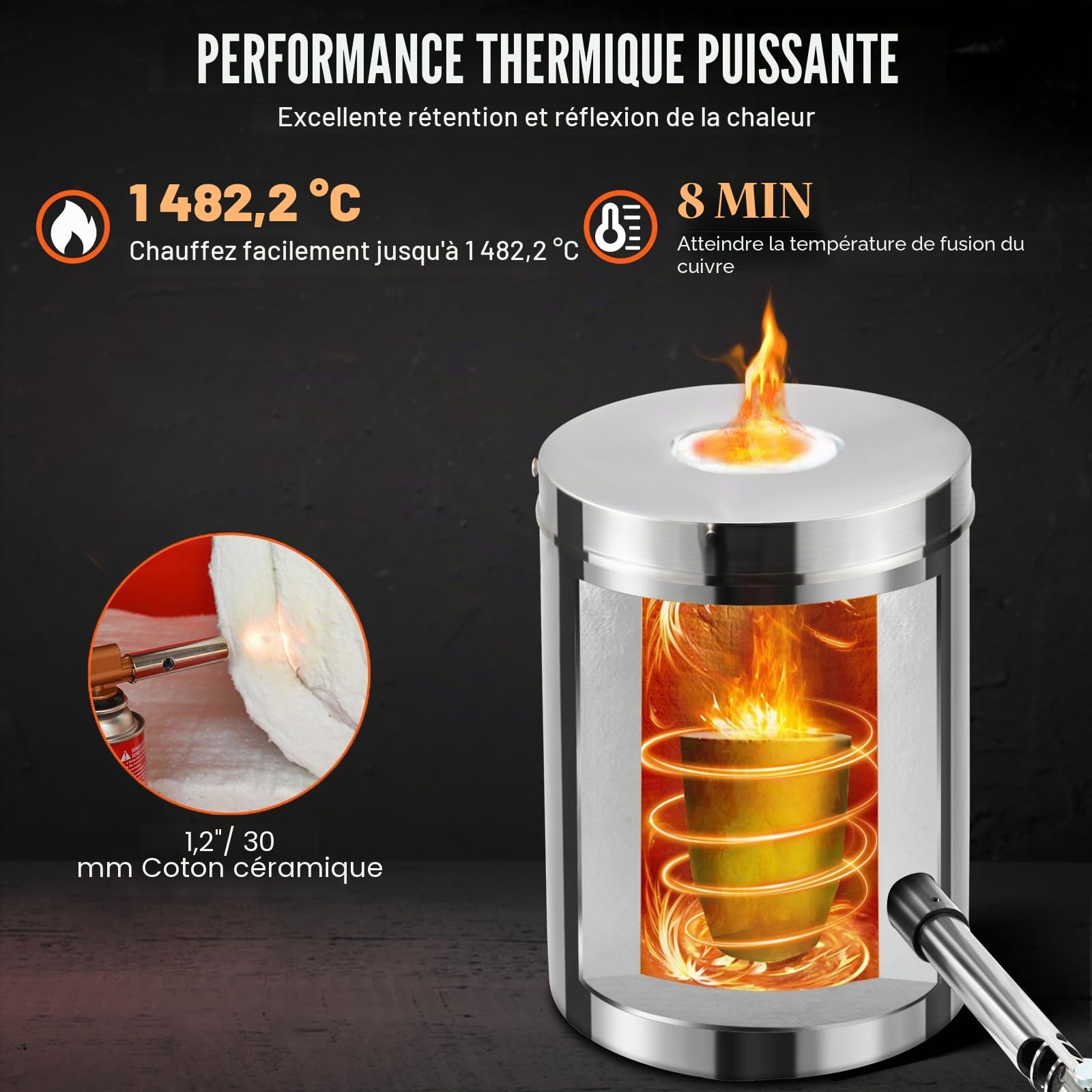 VEVOR Forge de propane en acier inoxydable 6 kg Kit de four de fusion de métaux Température maximale de 1482 °C Four de fonte au propane 30 PSI Kit de fer forgé pour cuivre, aluminium, or, argent