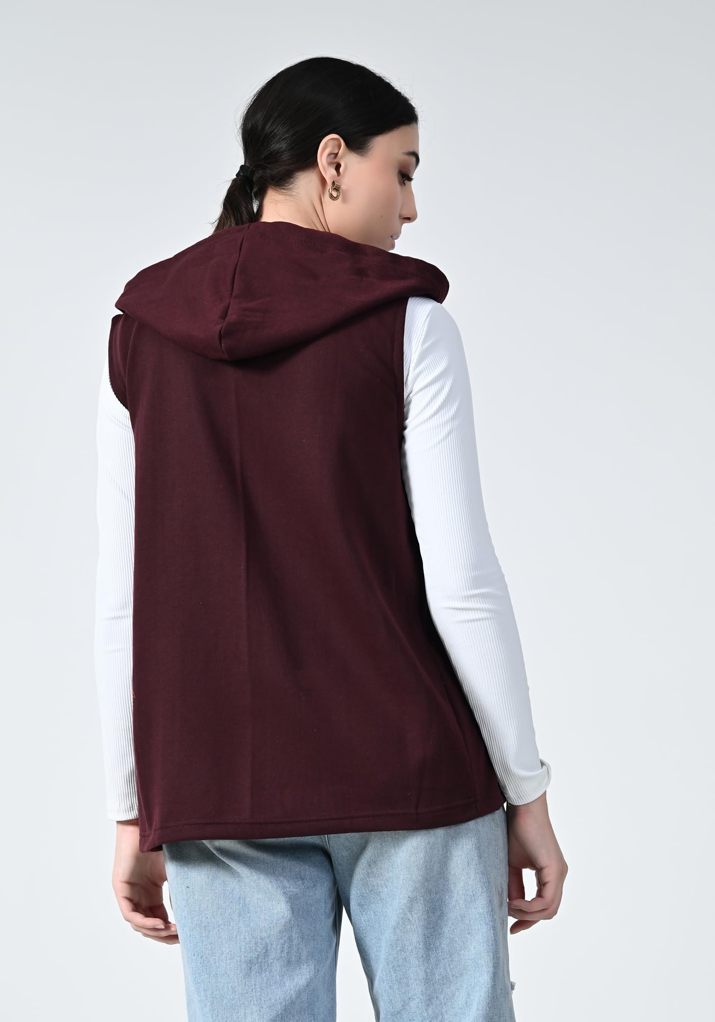 Women Fleece Warm Zipper Sleeveless Hoodie Jacket for Winter (Pack of 1) Wine 3