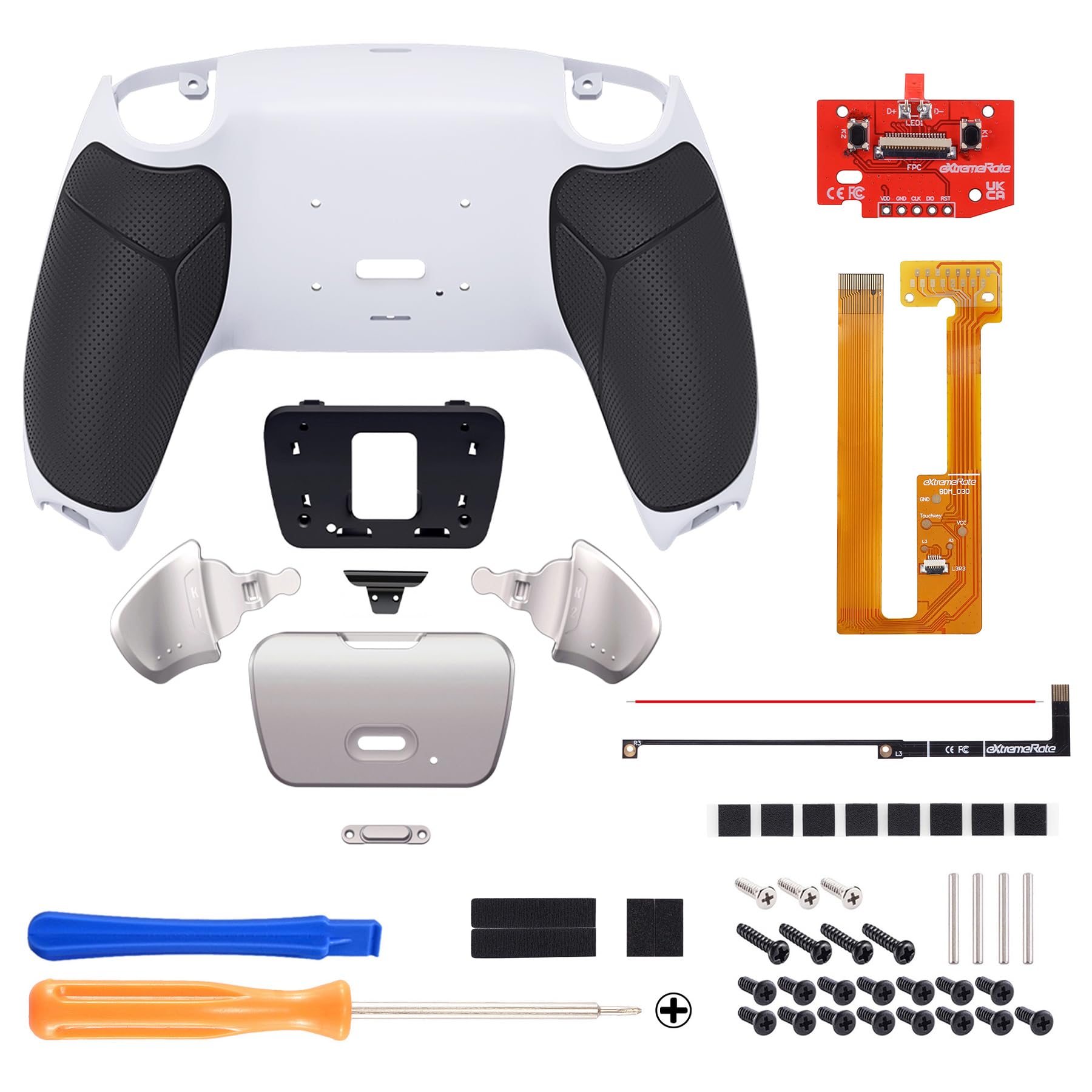 eXtremeRate Real Metal Buttons (RMB) Rise 2.0 Remap Kit para ps5 Control BDM-030/040/050 Carcasa con Goma Grip & Actualización Board & Programable Botones Traseros para ps5 Mando(Nergo Plata)