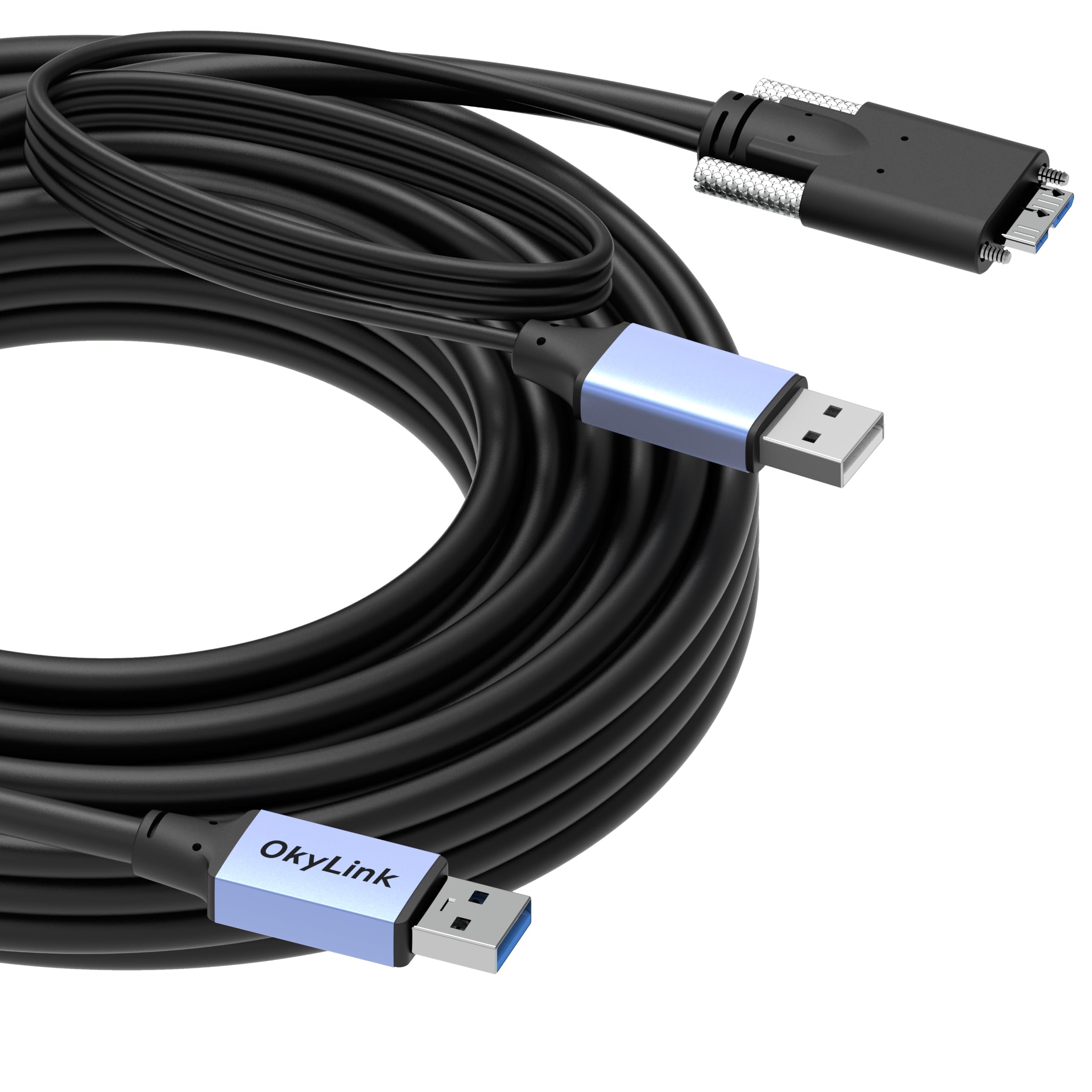 OkyLink Aktywny kabel USB 3.0 do Micro-B z blokadą śrubową - 5 Gbps A męski na Micro-B męski, jakość przemysłowa z wbudowanym kablem zasilającym 10 m