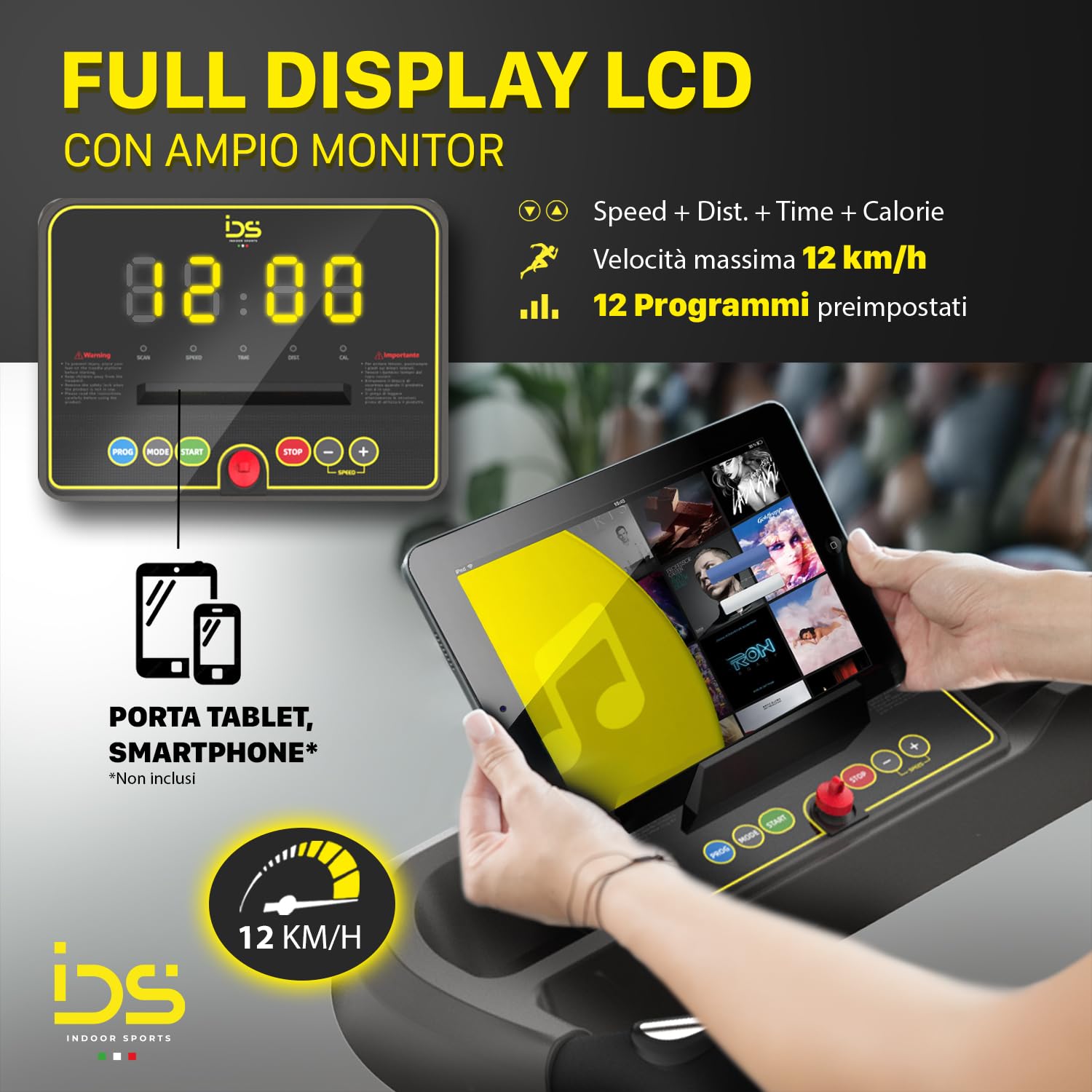 IDS W6 Tapis Roulant Elettrico Salvaspazio, CORSA + NORDIC WALKING, Brand ITALIANO, Super Slim 11,5 CM, 8 km/h, 6 Programmi, Telecomando da polso, Garanzia e Assistenza ITALIA