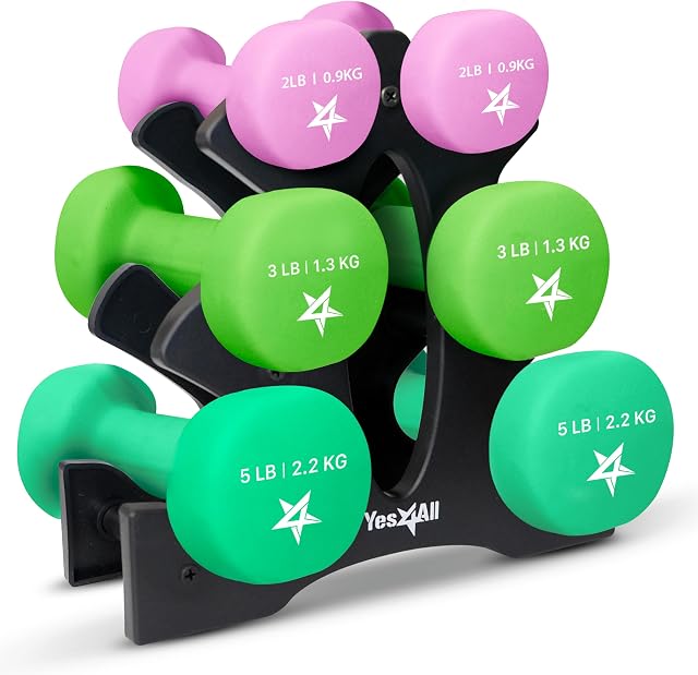 Yes4All Neoprene Ensembles de poids à la main enrobés de dumbbell 2 - Options de poids multiples avec 15 Couleurs, forme d'hexagone, anti-roulement, antidérapant